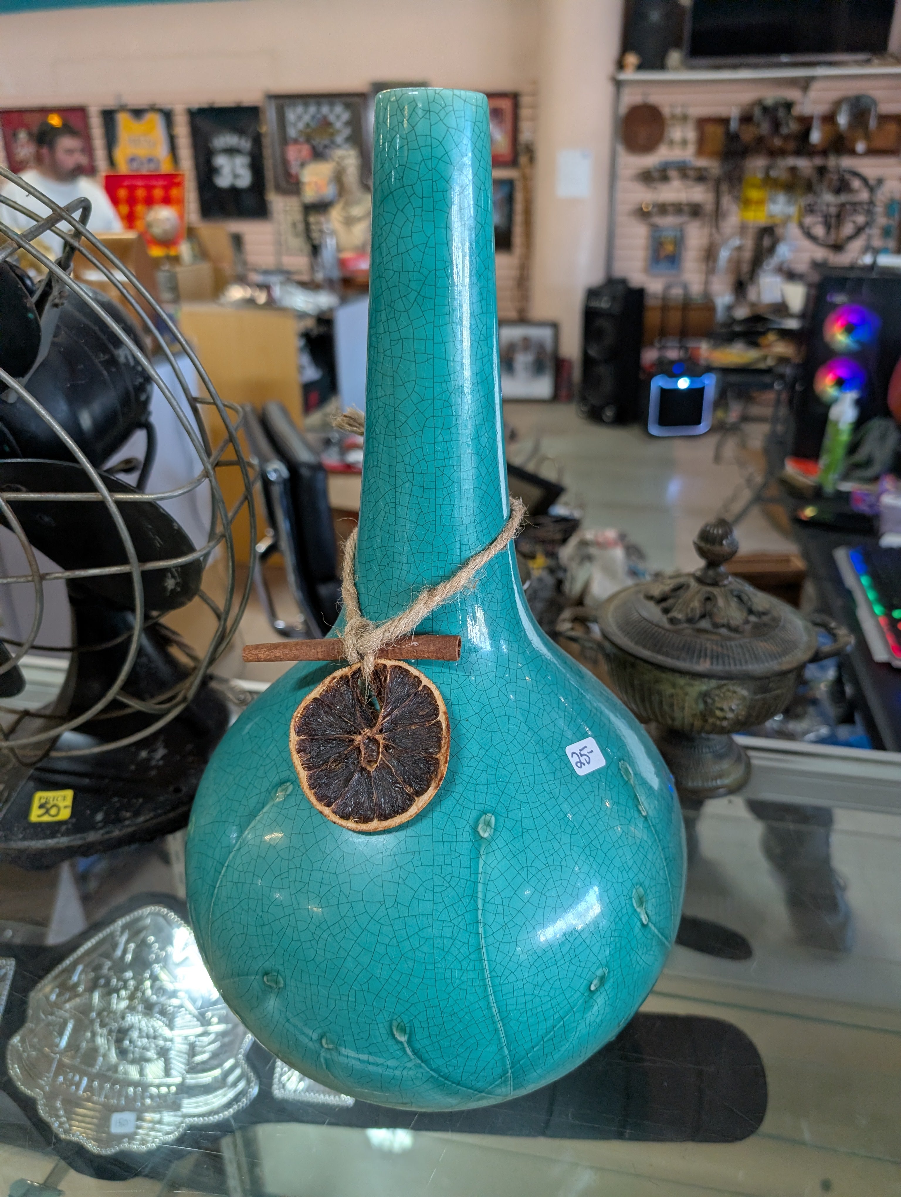 Turquoise Crackle Glaze Ceramic Bottle Vase With Twine Citrus Decorative Accent