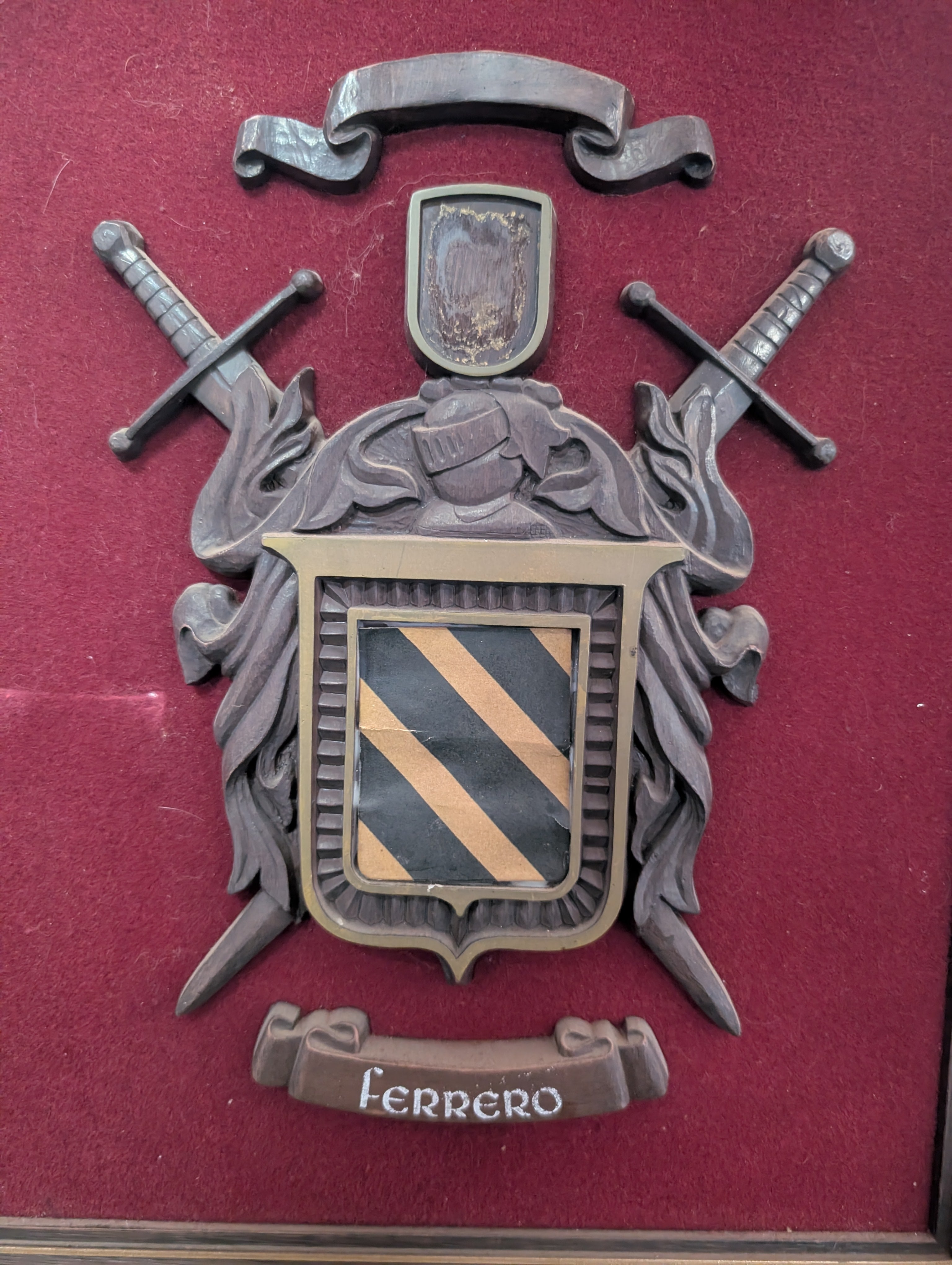Vintage Ferrero Family Crest Heraldic Plaque Framed Medieval Shield Decor Art