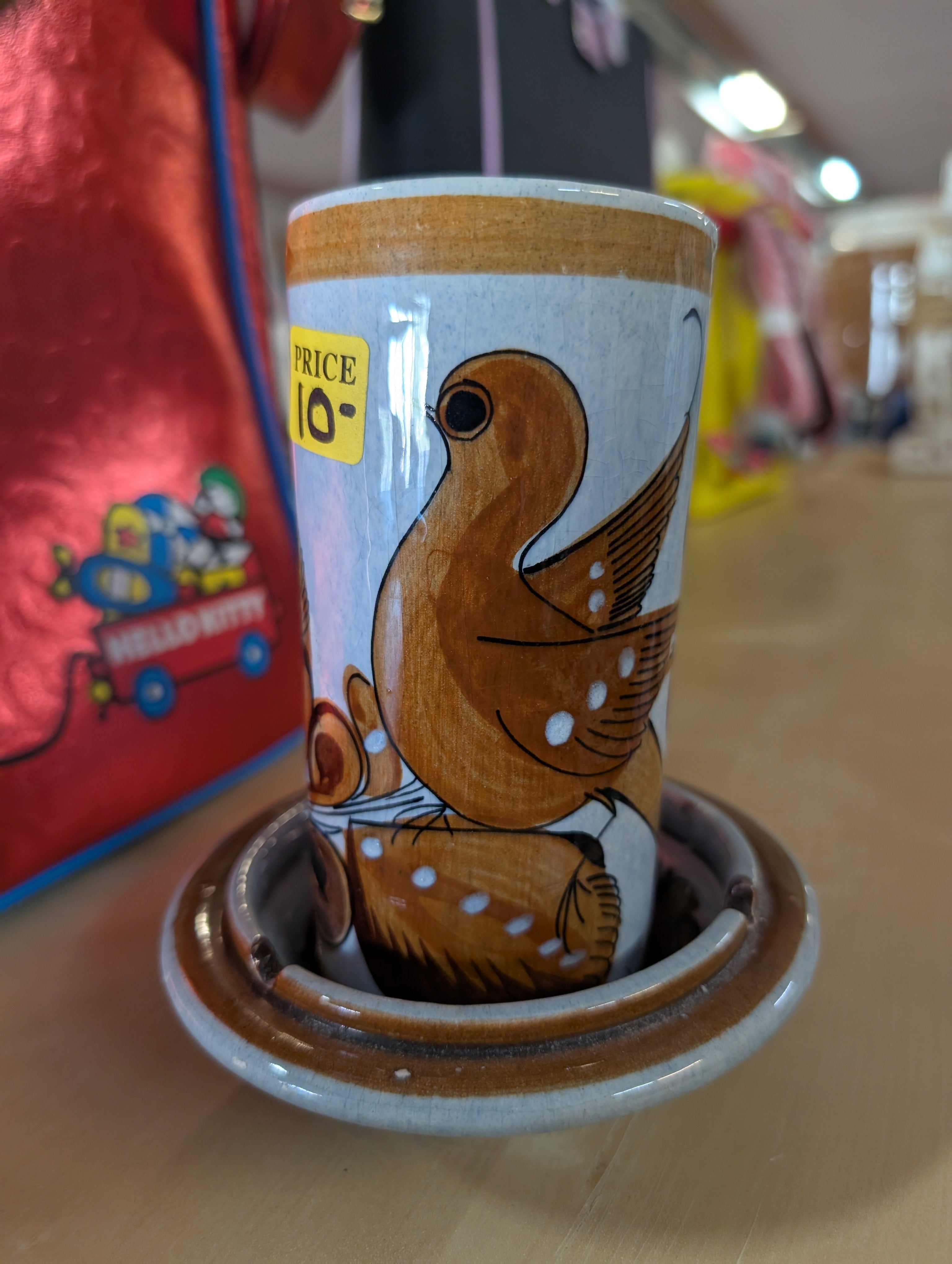 Vintage Hand Painted Ceramic Bird Mug Saucer Folk Art Collectible Stoneware