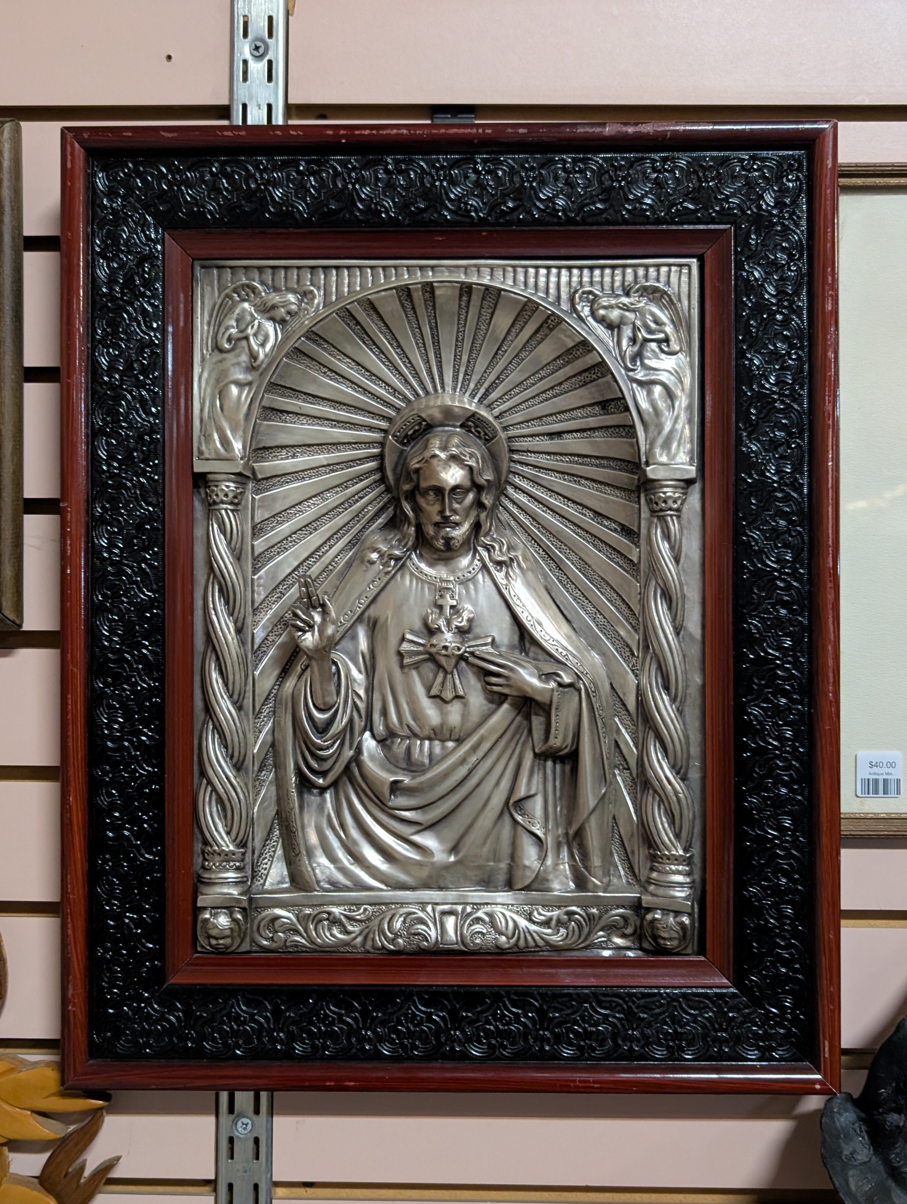 Vintage Sacred Heart of Jesus Metal Relief Plaque Framed Religious Wall Art
