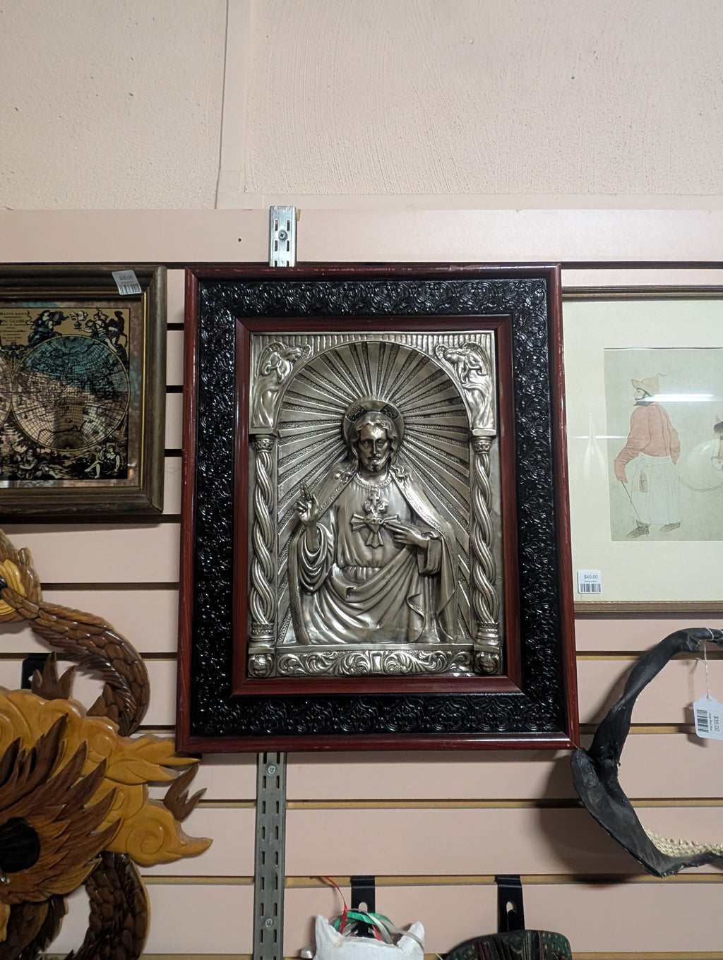 Vintage Sacred Heart of Jesus Metal Relief Plaque Framed Religious Wall Art
