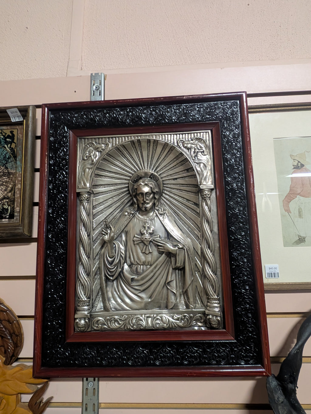 Vintage Sacred Heart of Jesus Metal Relief Plaque Framed Religious Wall Art