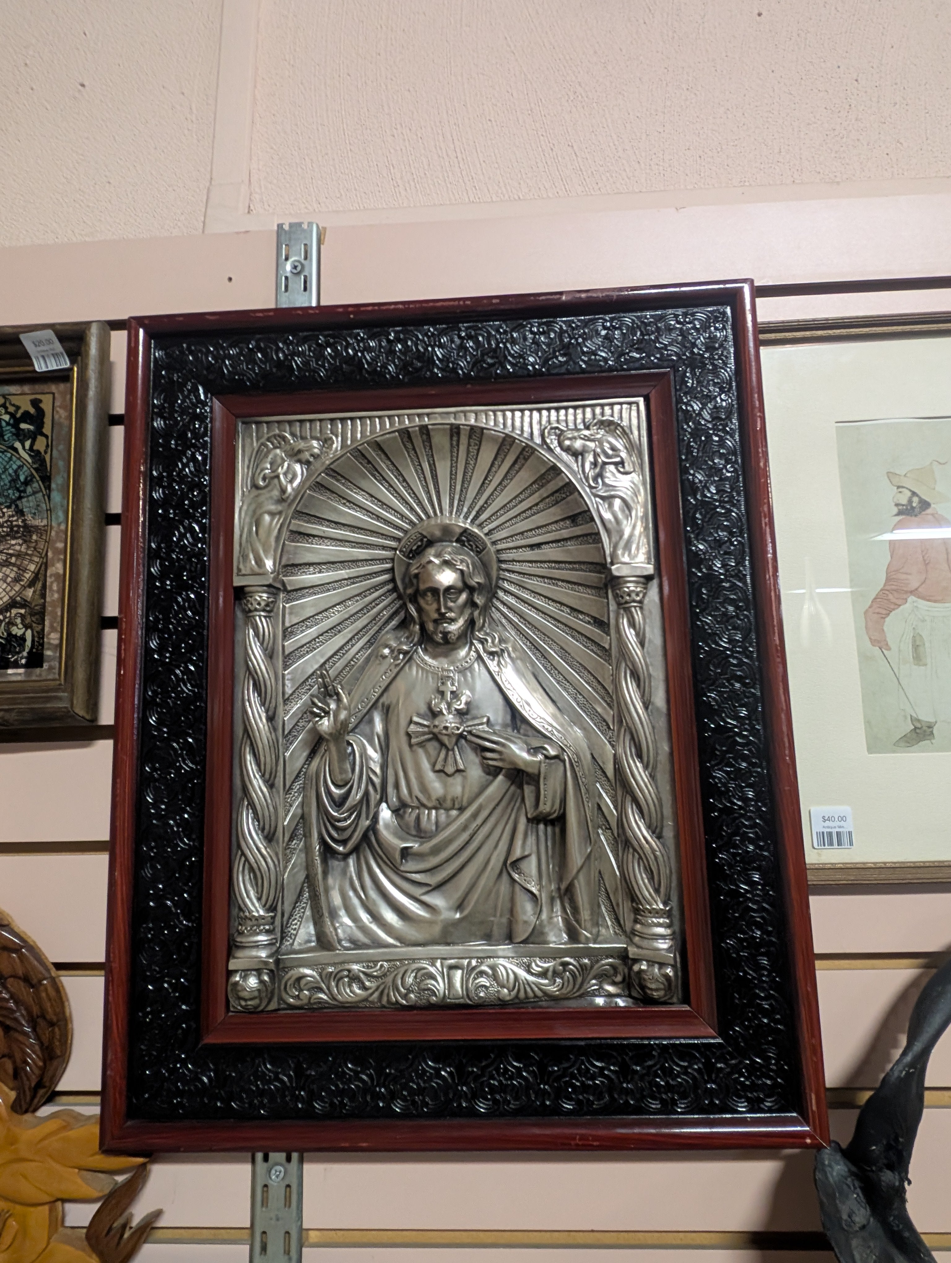 Vintage Sacred Heart of Jesus Metal Relief Plaque Framed Religious Wall Art
