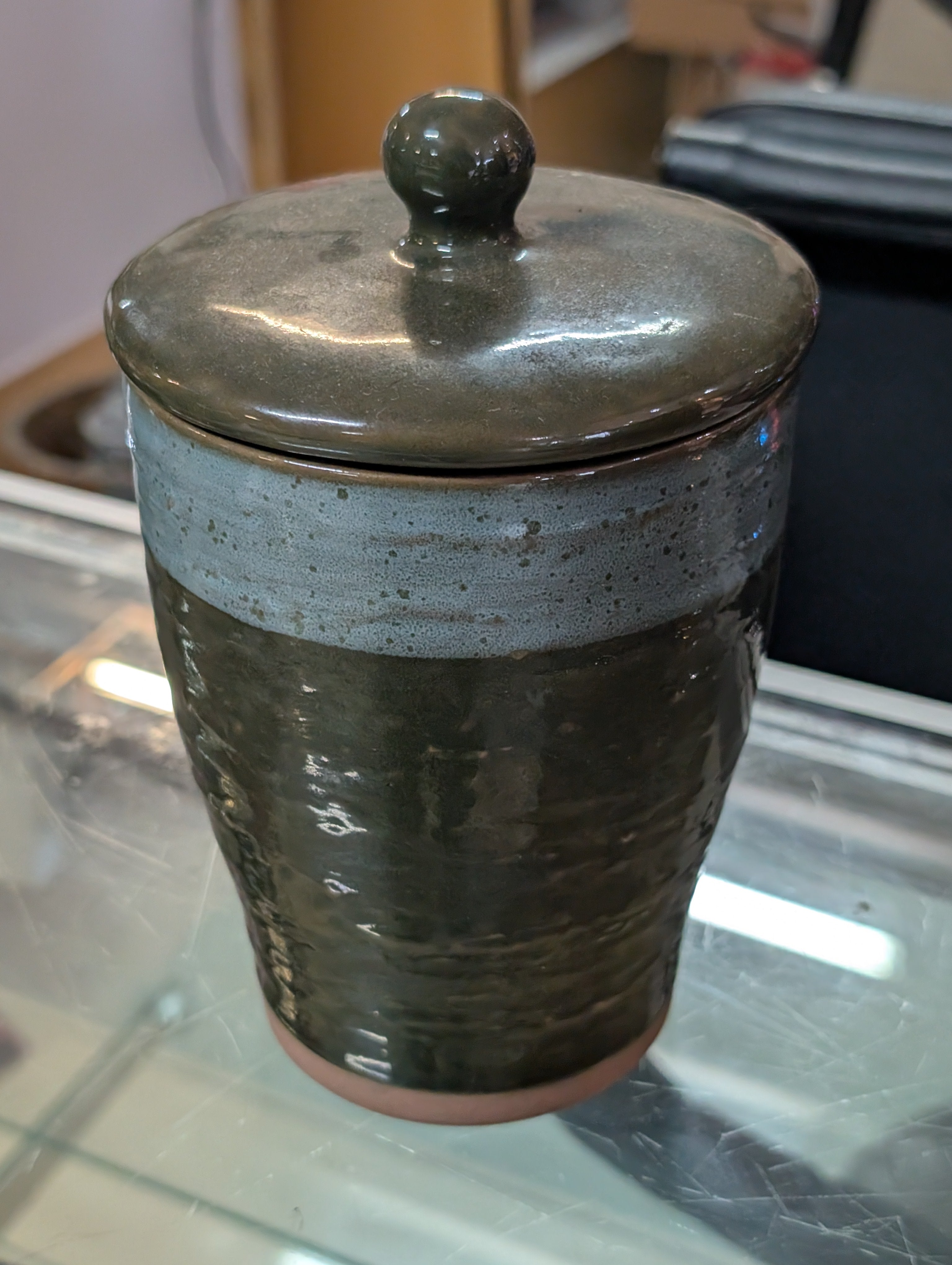 Hand Thrown Ceramic Lidded Pottery Jar Green Glaze Stoneware Decor Canister