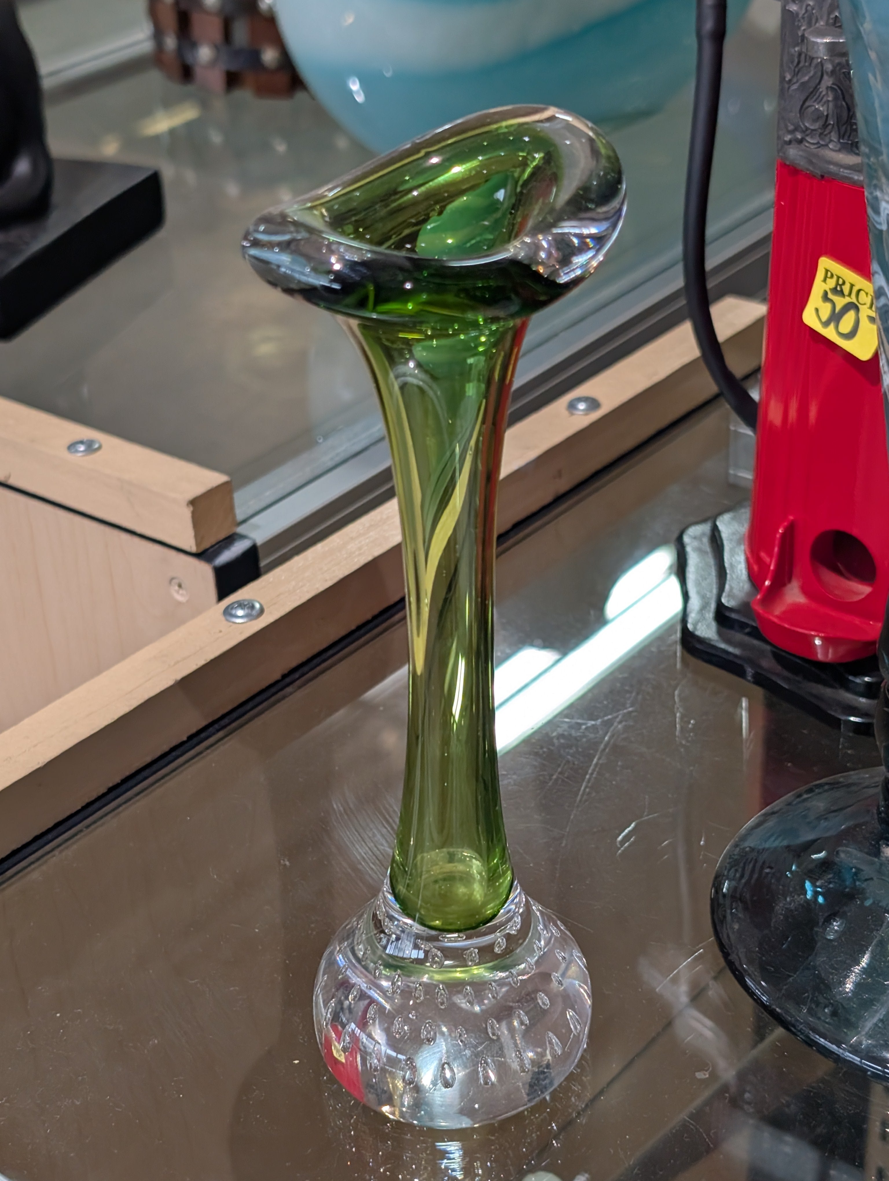 Hand Blown Green Art Glass Bud Vase Clear Controlled Bubble Base Decor