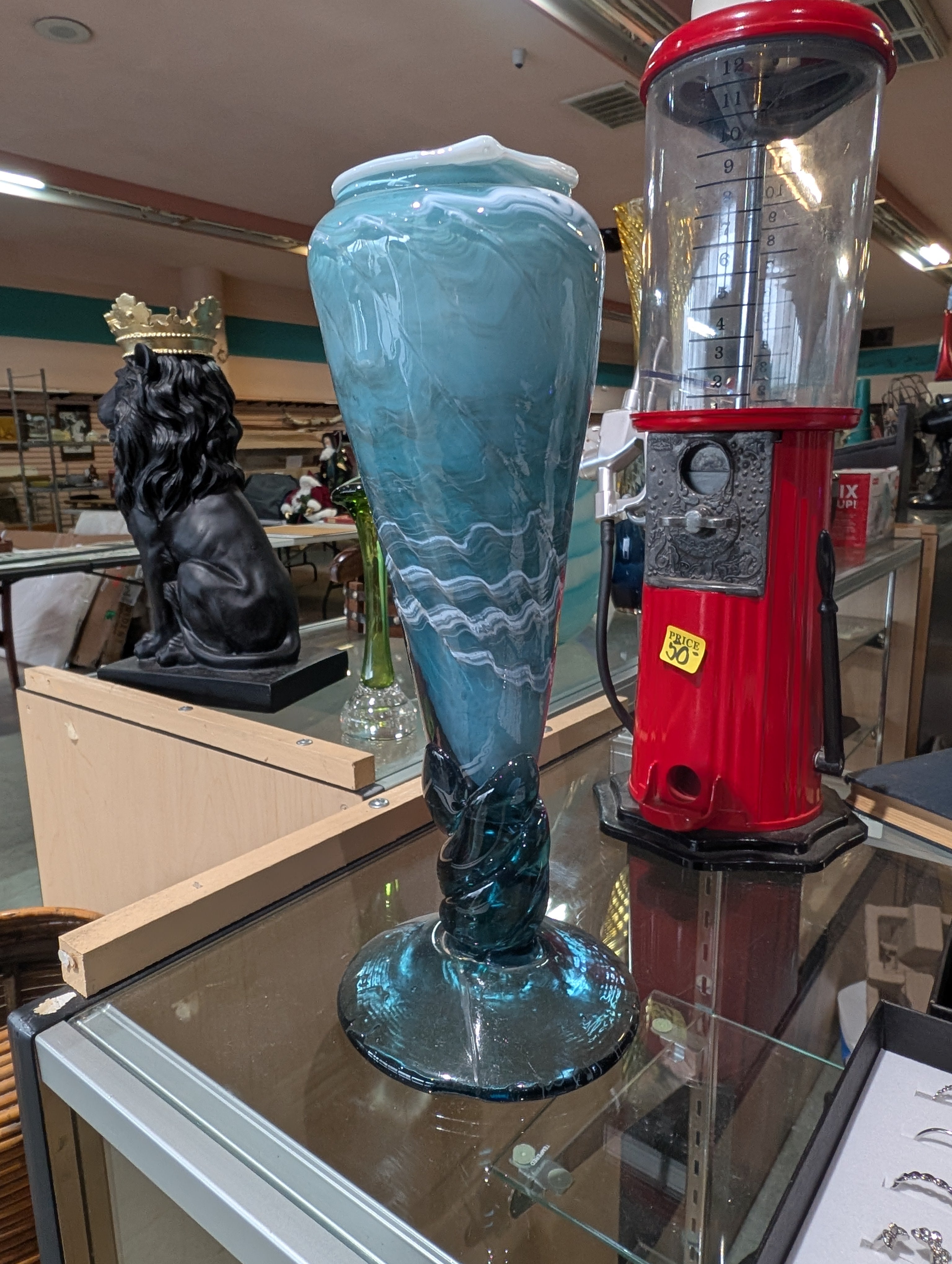 Hand Blown Blue Art Glass Vase Twisted Stem Sculptural Studio Decor