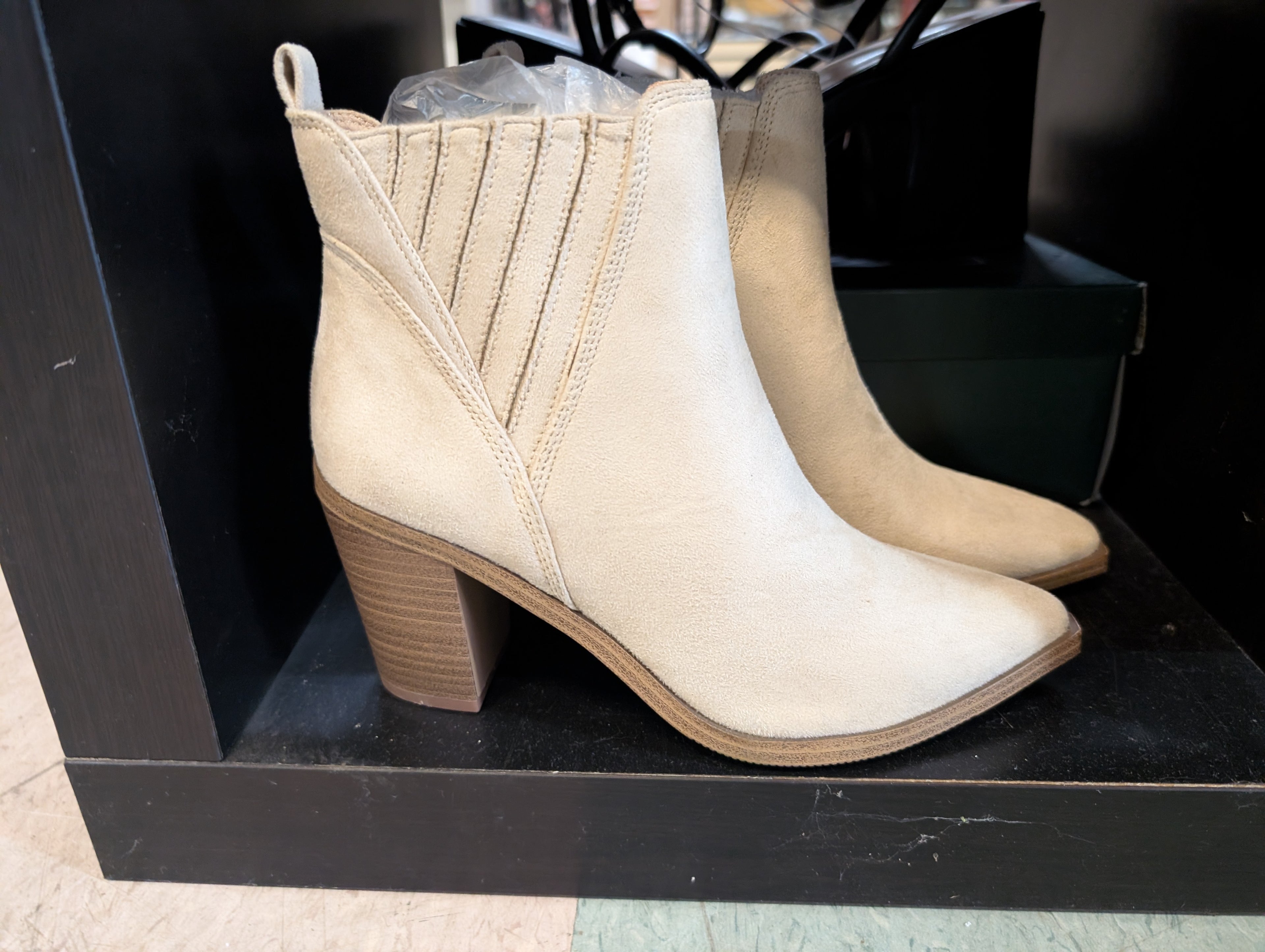 Women’s Beige Suede Ankle Boots Block Heel Size 6 Western Style