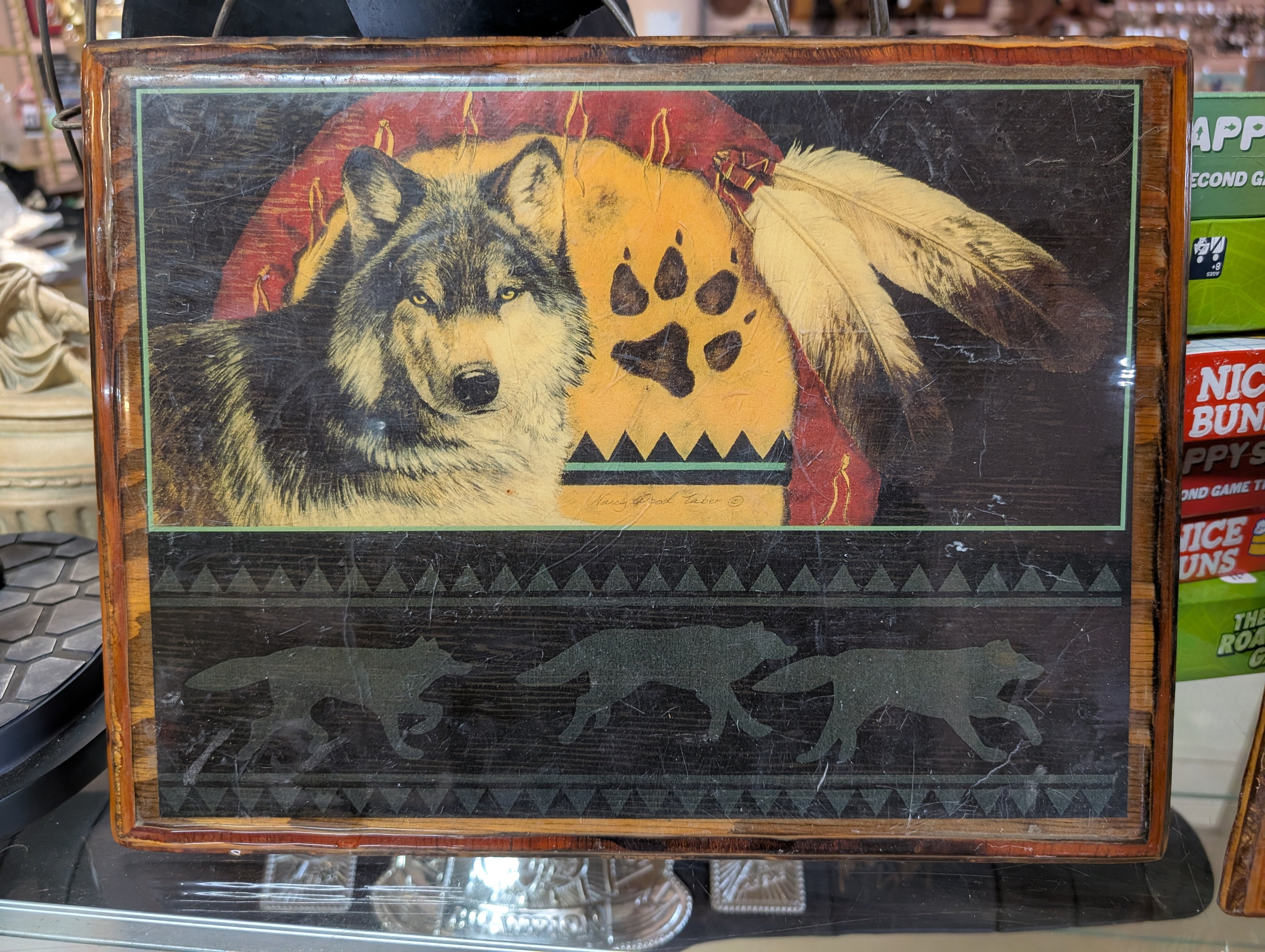 Vintage Wooden Framed Wolf Wildlife Art Rustic Cabin Wall Decor Print Native