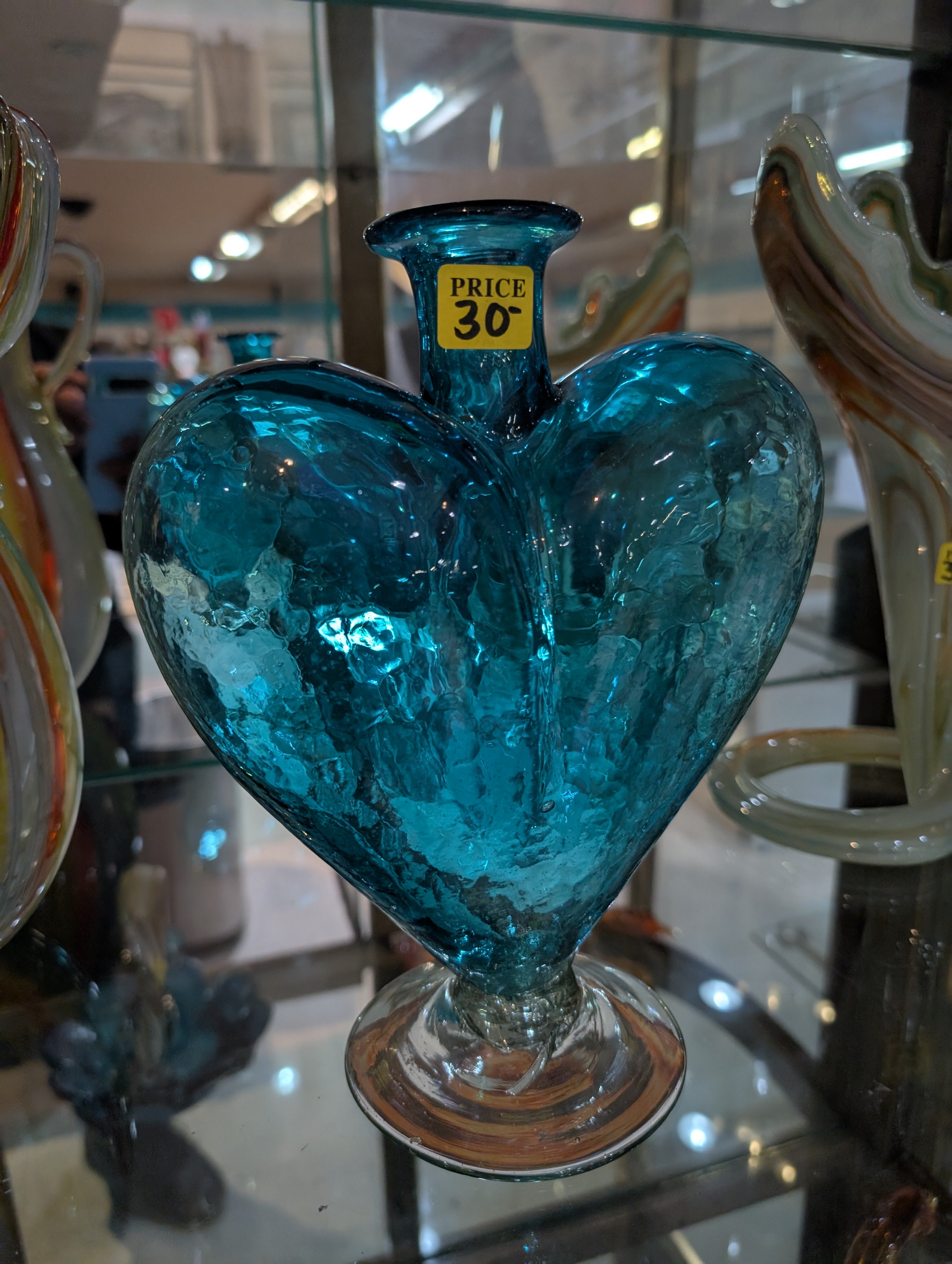 Vintage Hand Blown Blue Crackle Glass Heart Vase Art Glass Display Decor