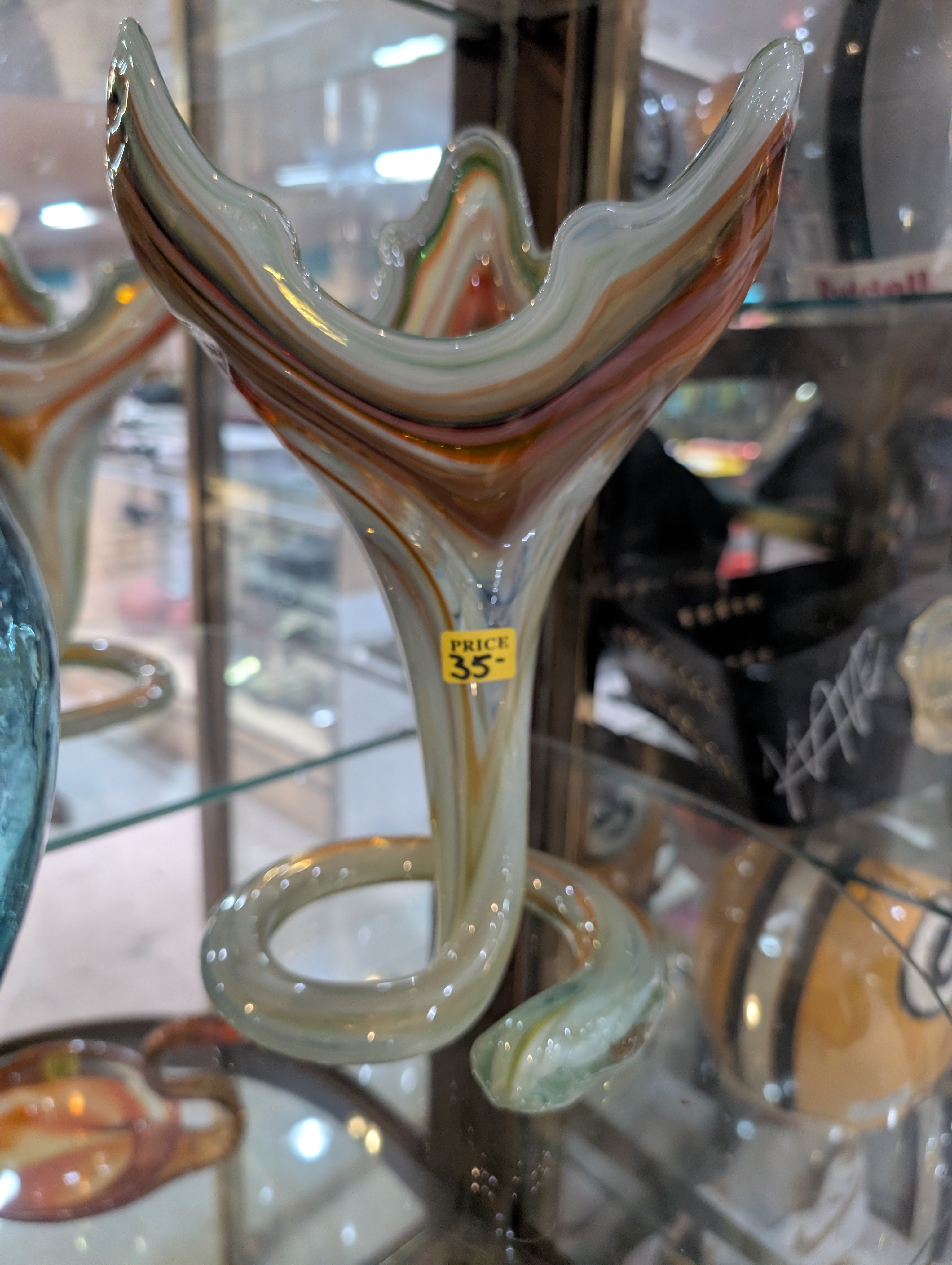 Vintage Hand Blown Art Glass Trumpet Vase Swirl Cane Loop Base Mid Century Style