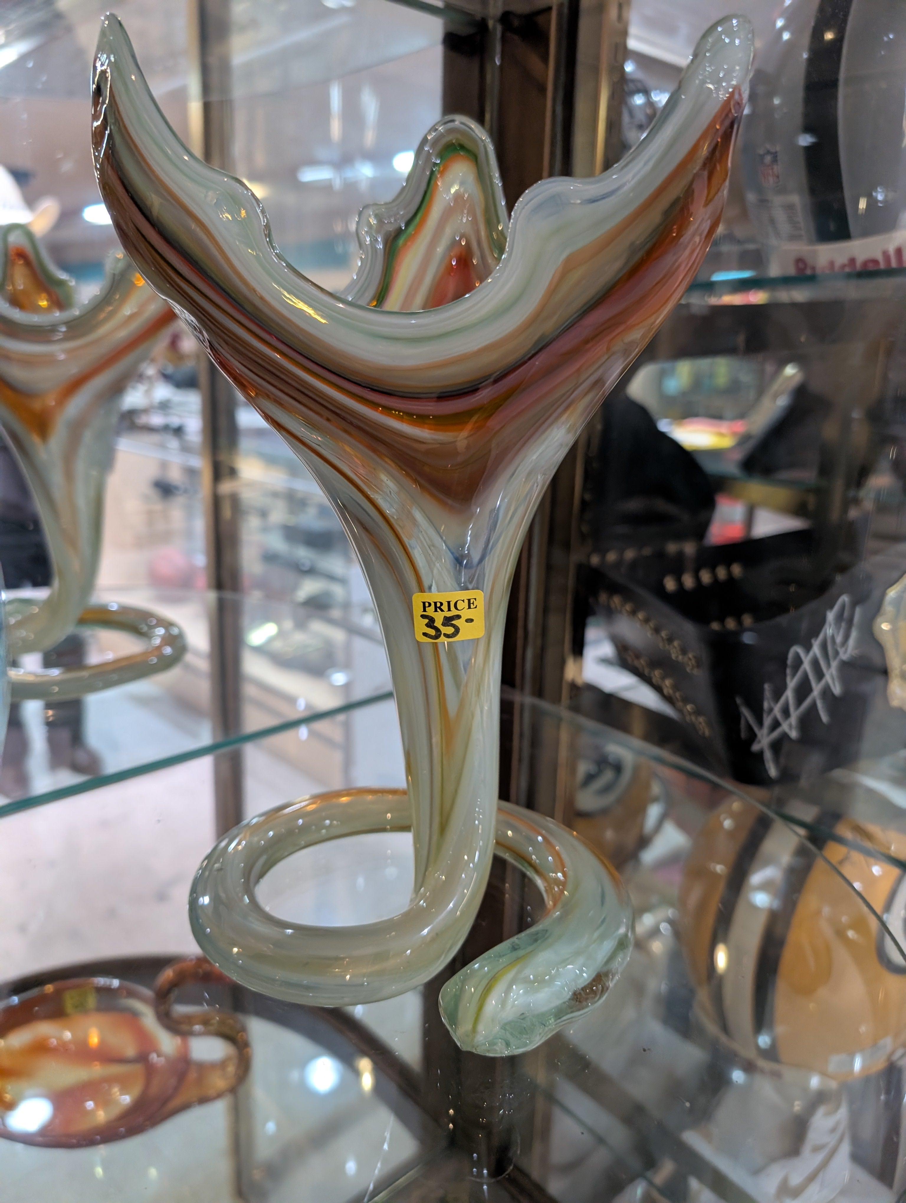 Vintage Hand Blown Art Glass Trumpet Vase Swirl Cane Loop Base Mid Century Style