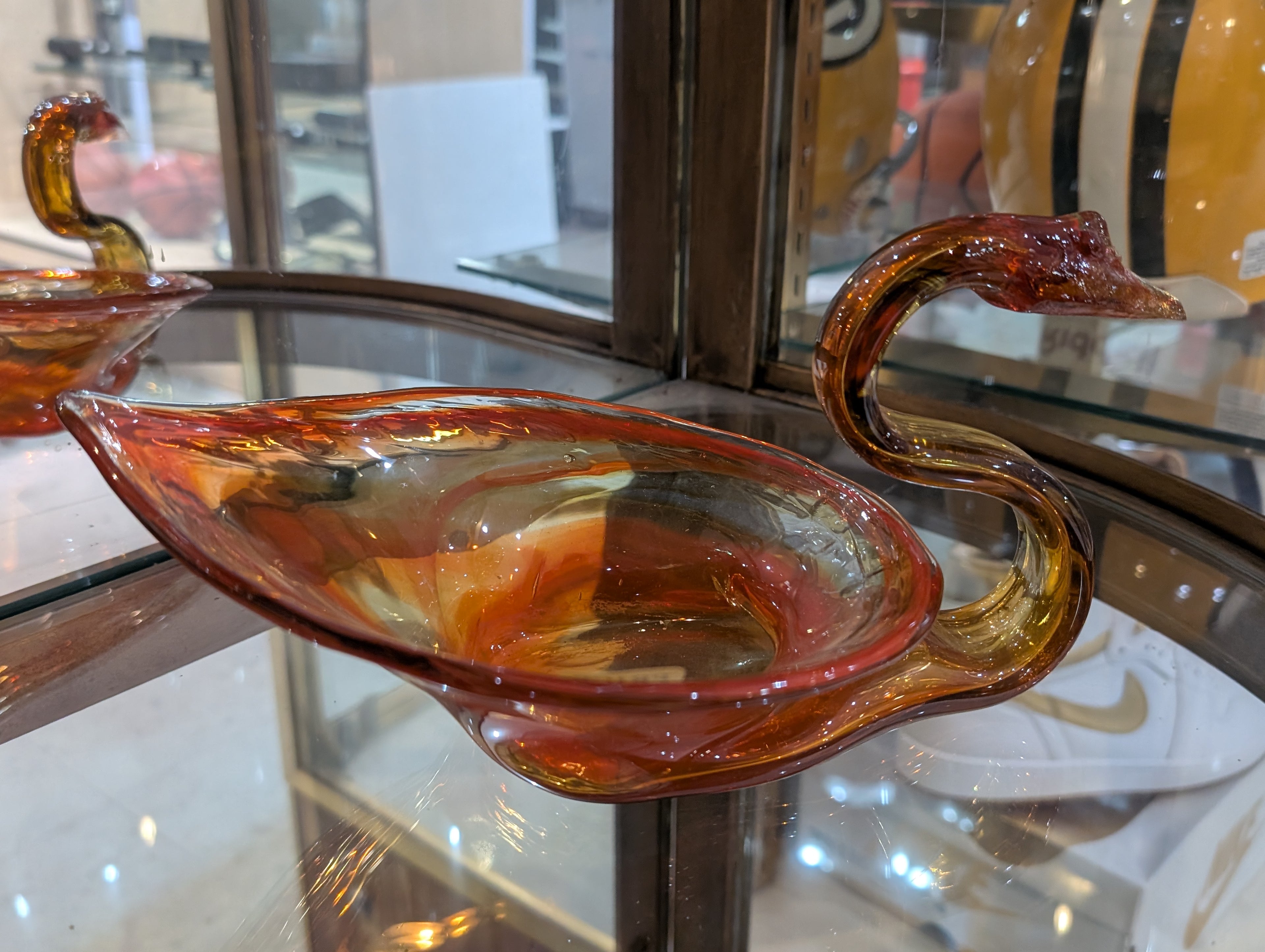 Vintage Hand Blown Amber Art Glass Swan Ashtray Mid Century Collectible Display