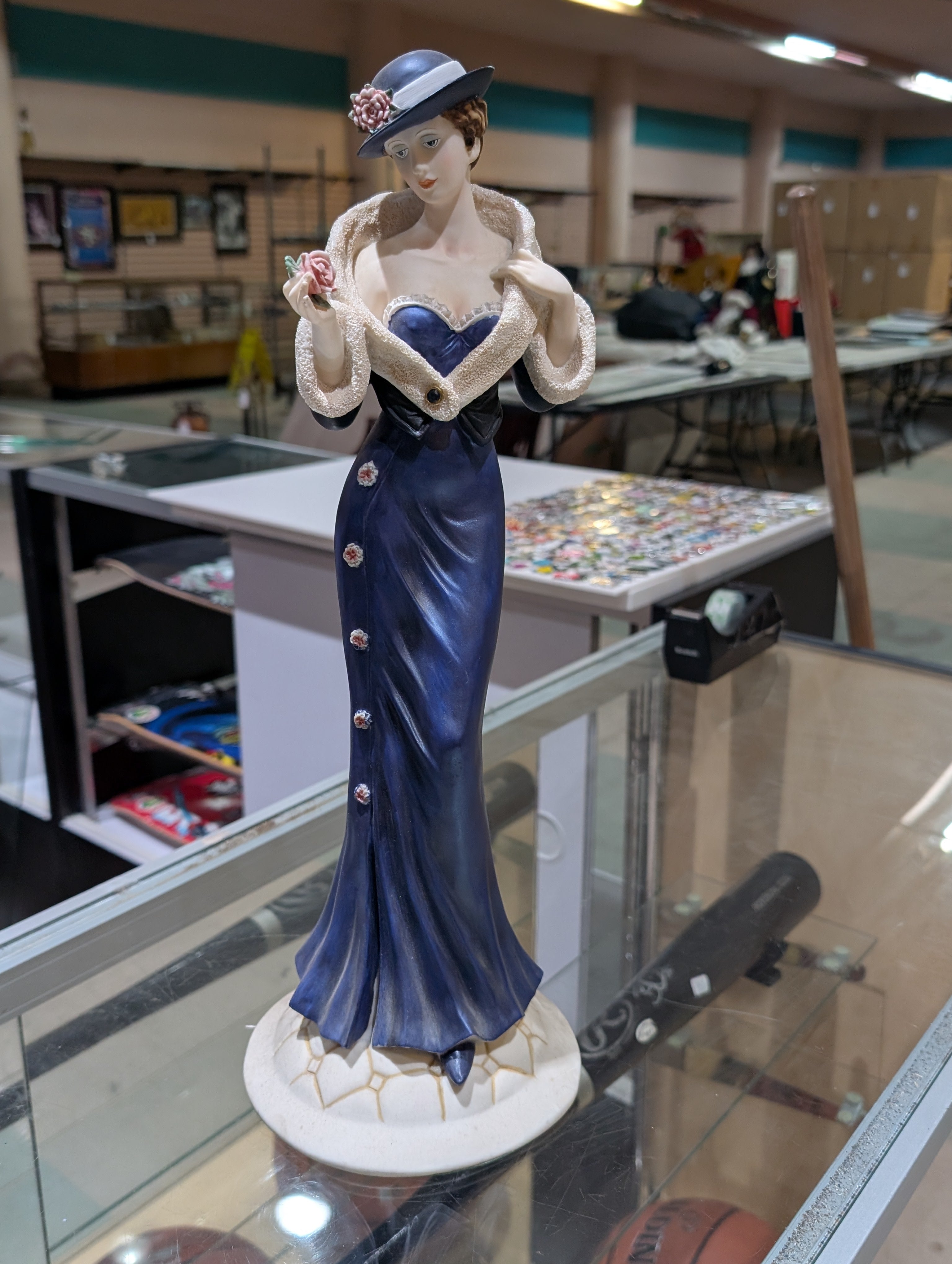 Vintage Porcelain Lady Figurine Blue Evening Gown Floral Hat Decorative Statue