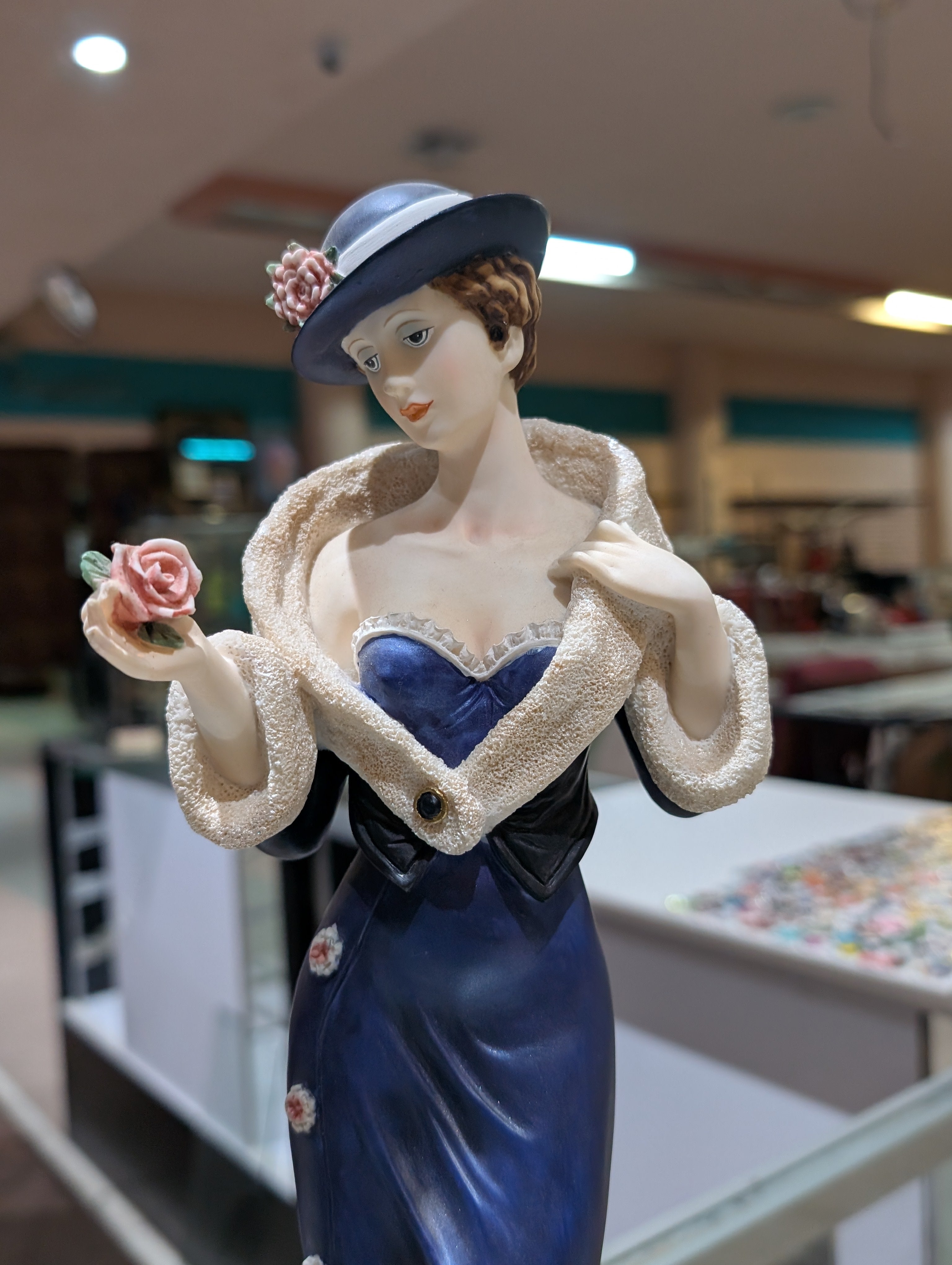Vintage Porcelain Lady Figurine Blue Evening Gown Floral Hat Decorative Statue