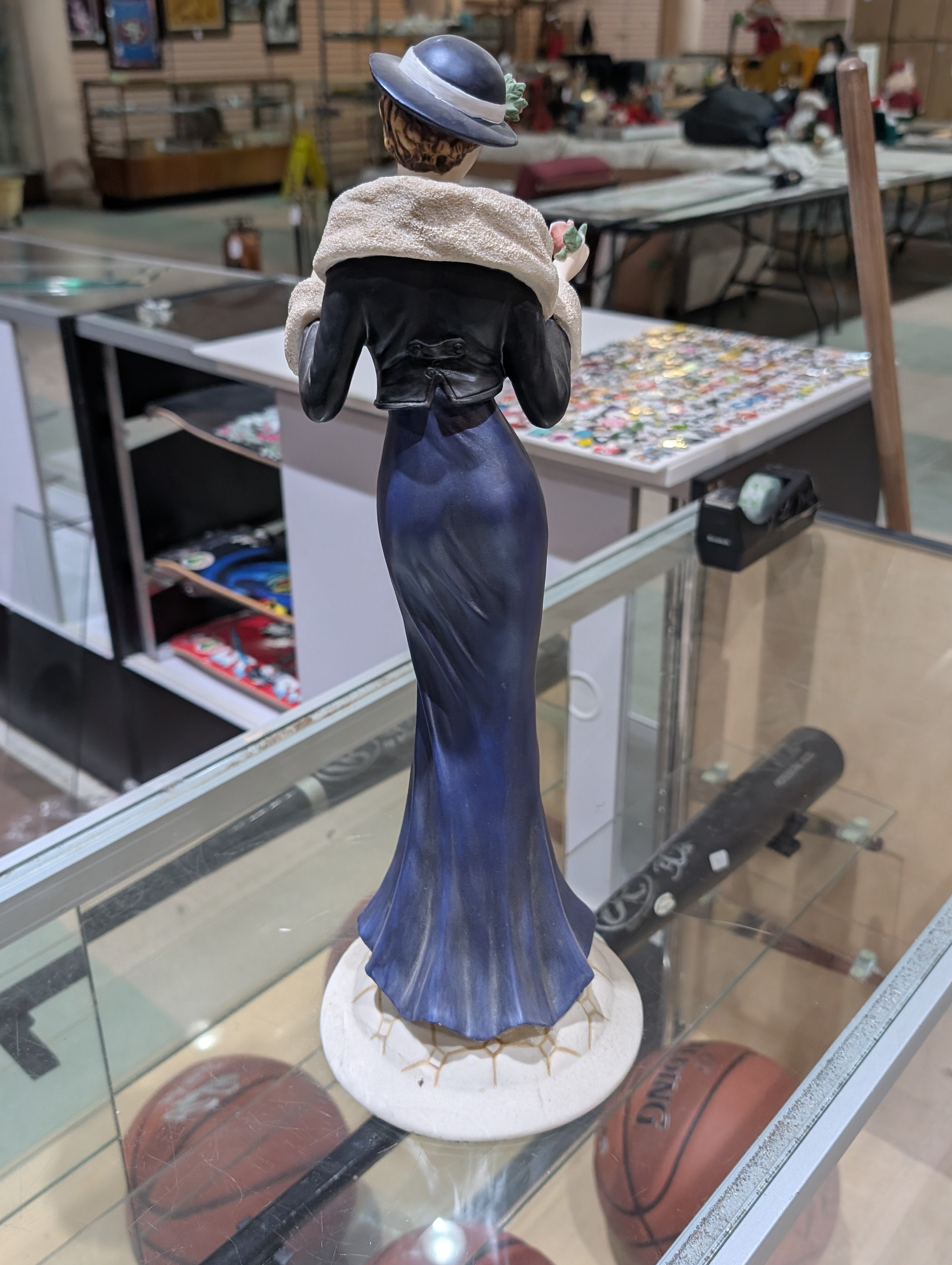 Vintage Porcelain Lady Figurine Blue Evening Gown Floral Hat Decorative Statue