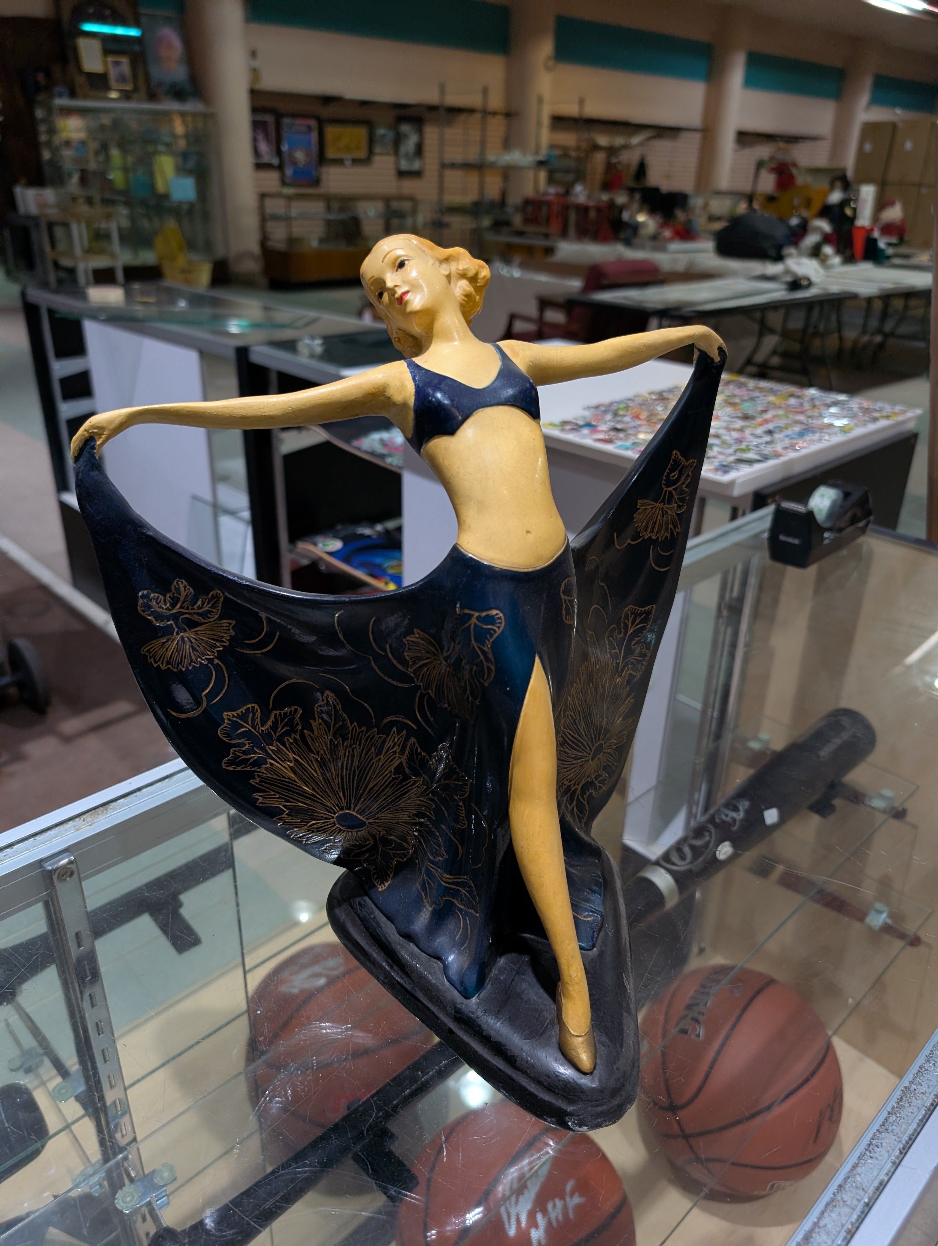 Vintage Marbello Artcraft Dancing Lady Figurine Blue Gown Gold Floral Statue