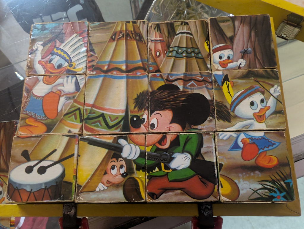 Vintage Disney Wooden Block Puzzle Mickey Mouse Donald Duck Native American Scene