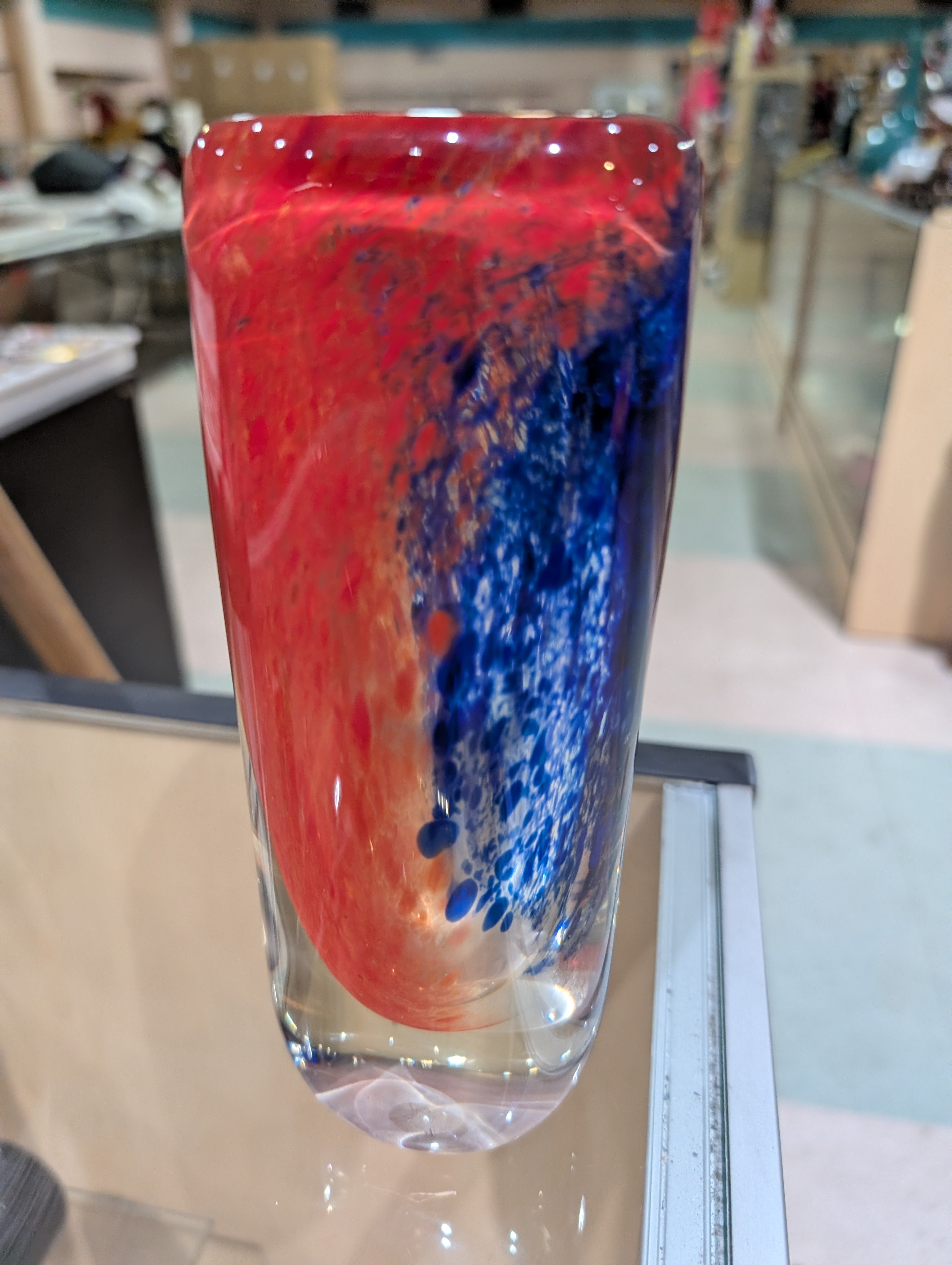 Vintage Hand Blown Red Blue Art Glass Vase Tall Studio Glass Decorative Display