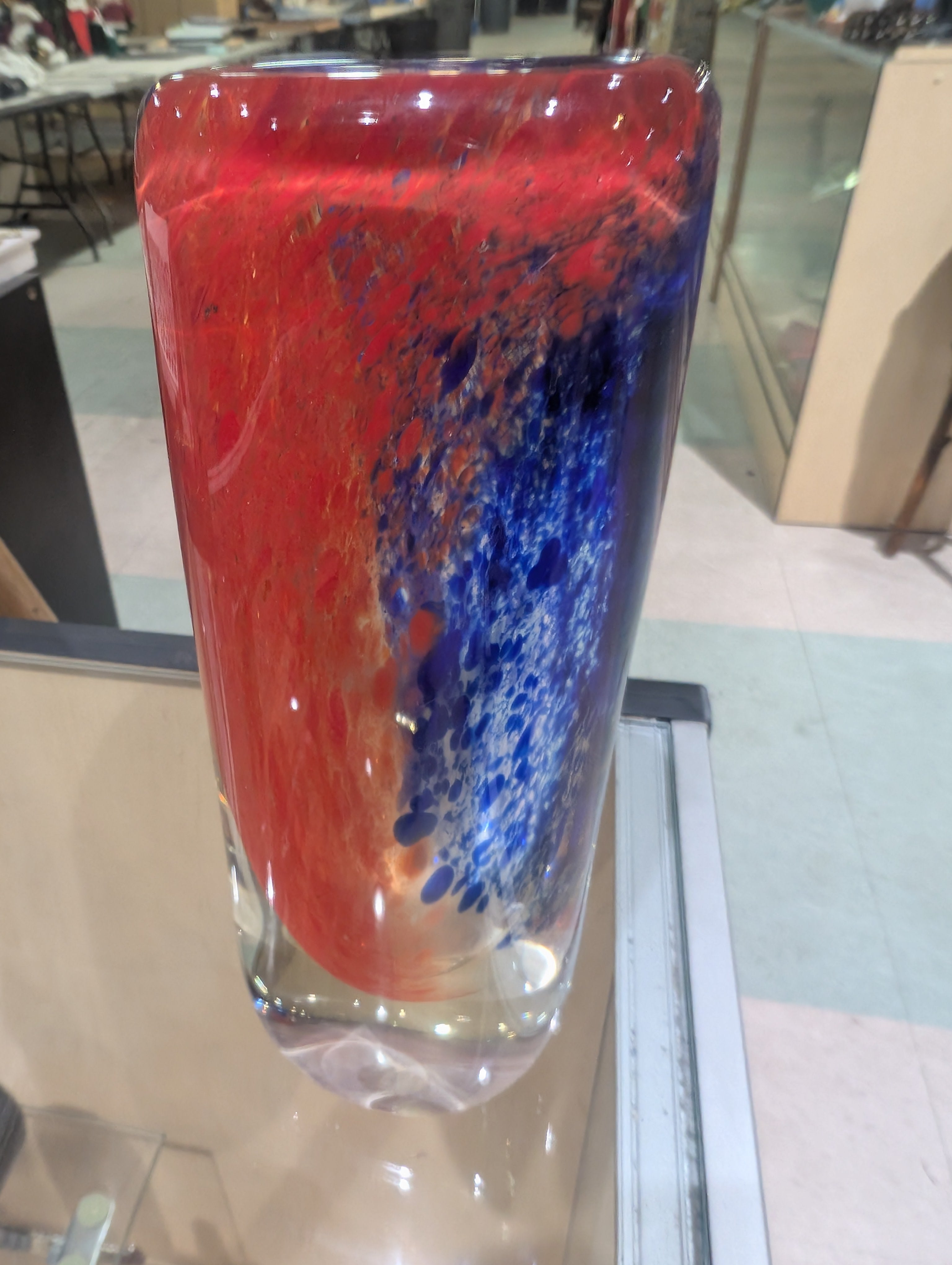 Vintage Hand Blown Red Blue Art Glass Vase Tall Studio Glass Decorative Display