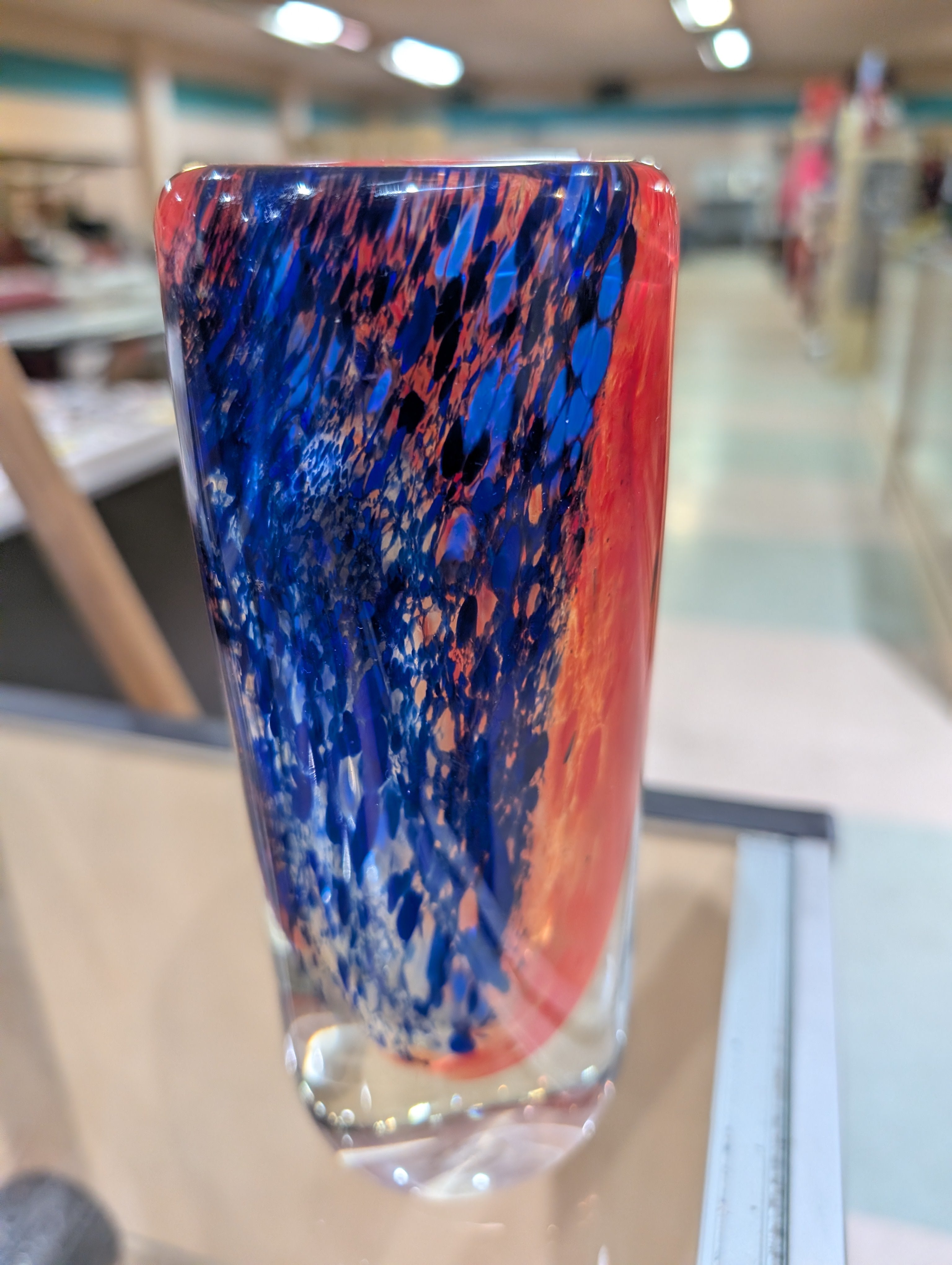 Vintage Hand Blown Red Blue Art Glass Vase Tall Studio Glass Decorative Display