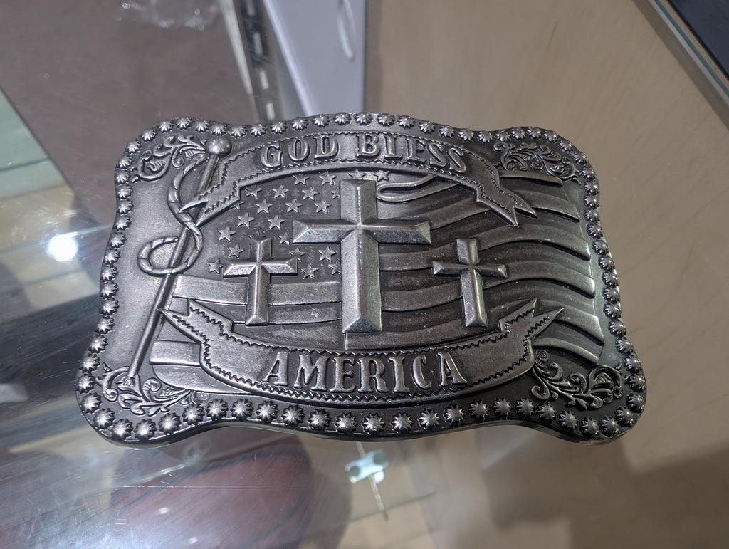Vintage God Bless America Crosses US Flag Belt Buckle Patriotic Collectible