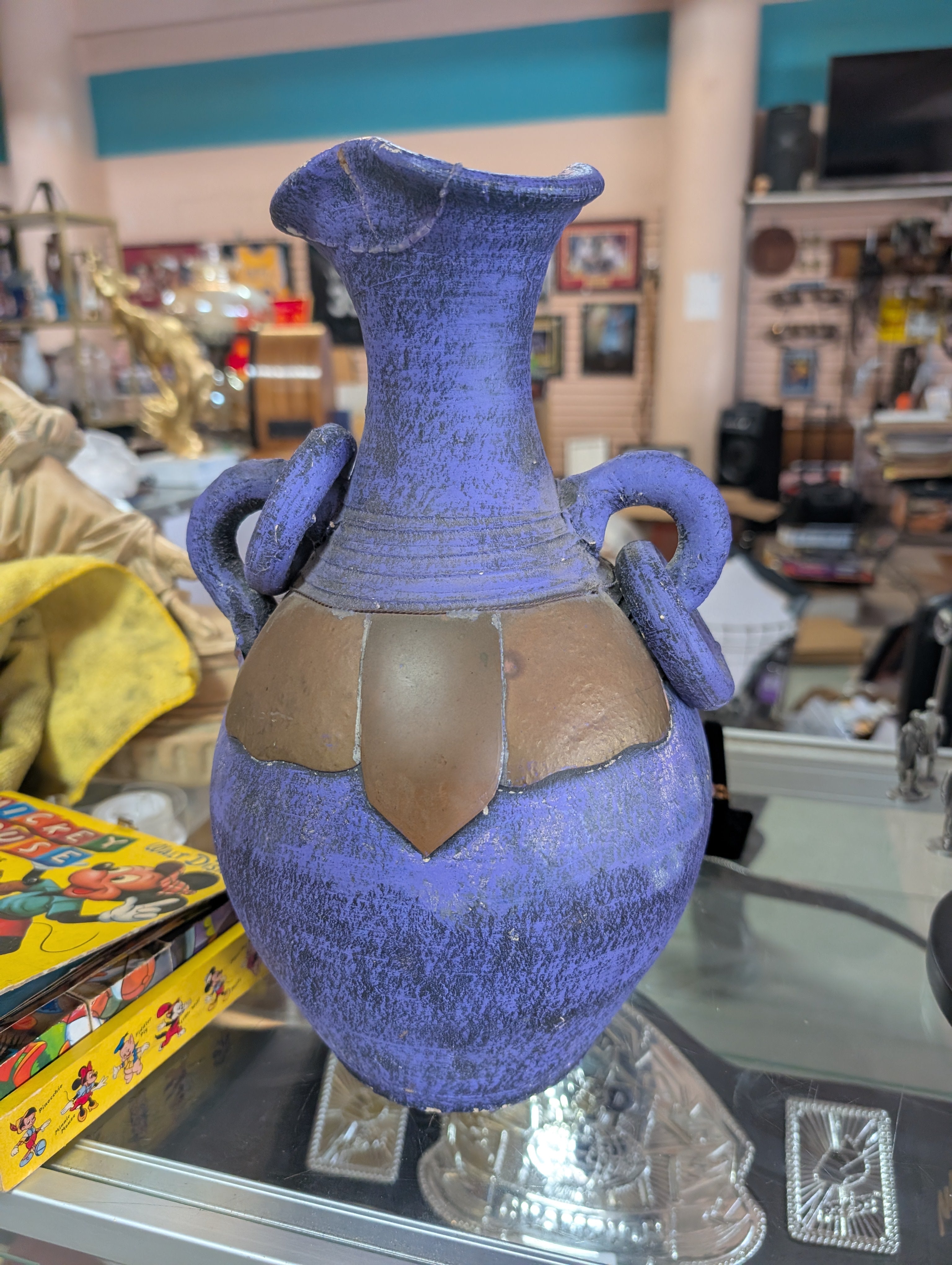 Handcrafted Purple Decorative Amphora Vase Repaired Glued Rim Rustic Art Pottery