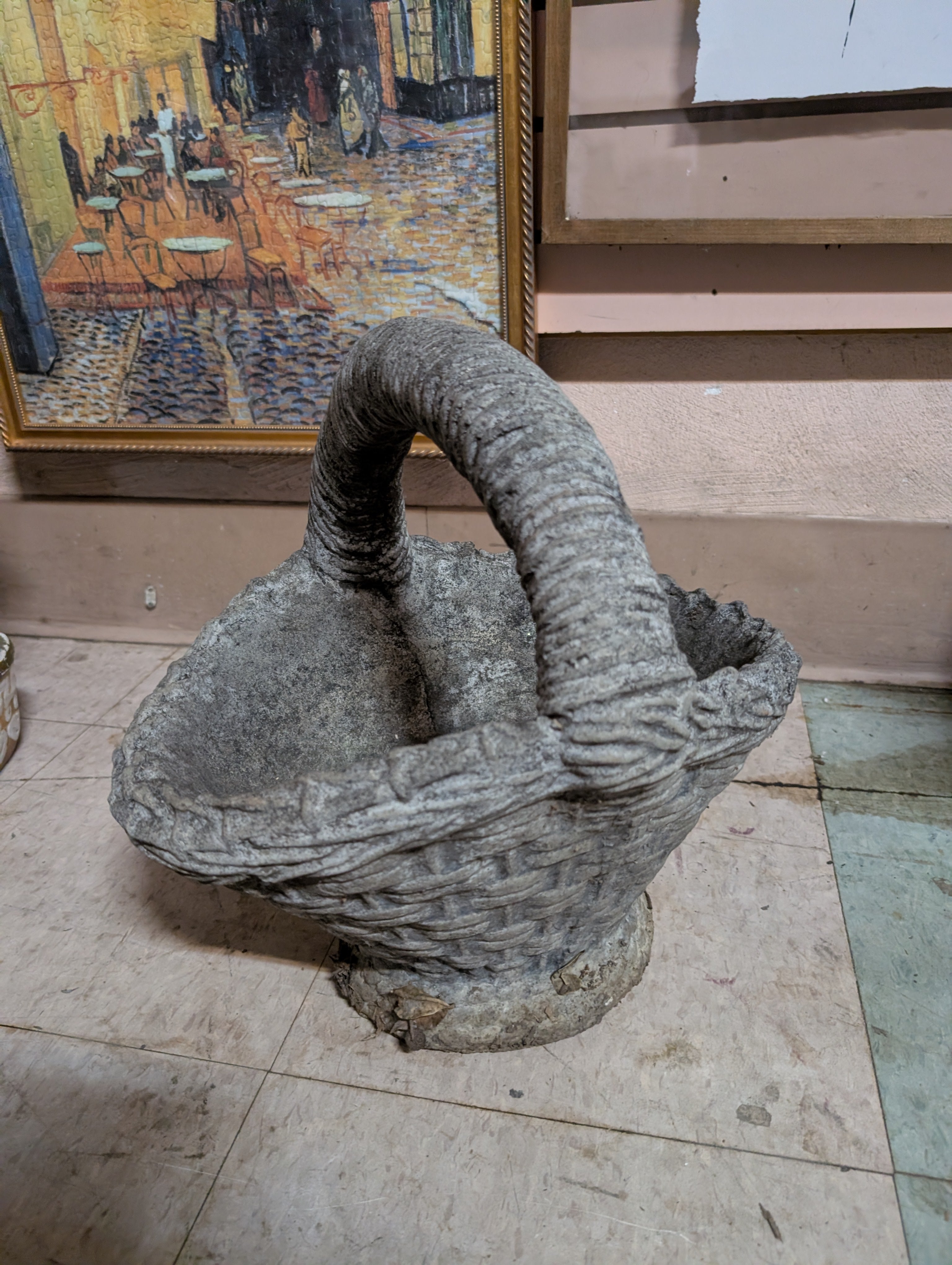Rustic Stone Basket Planter Garden Decor With Curved Handle