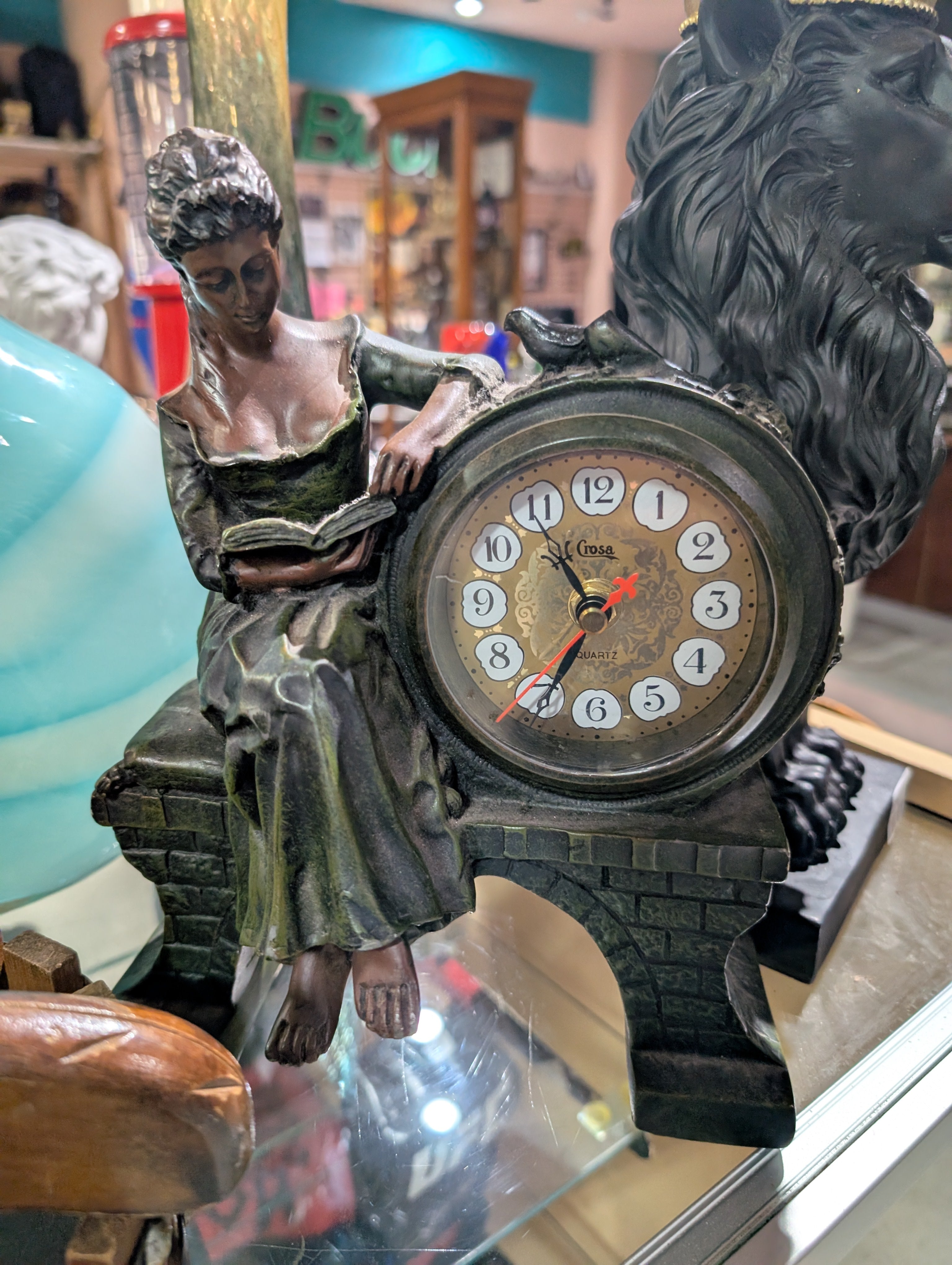Vintage Crosa Quartz Bronze Metal Mantel Clock Lady Reading Book Birds Decor