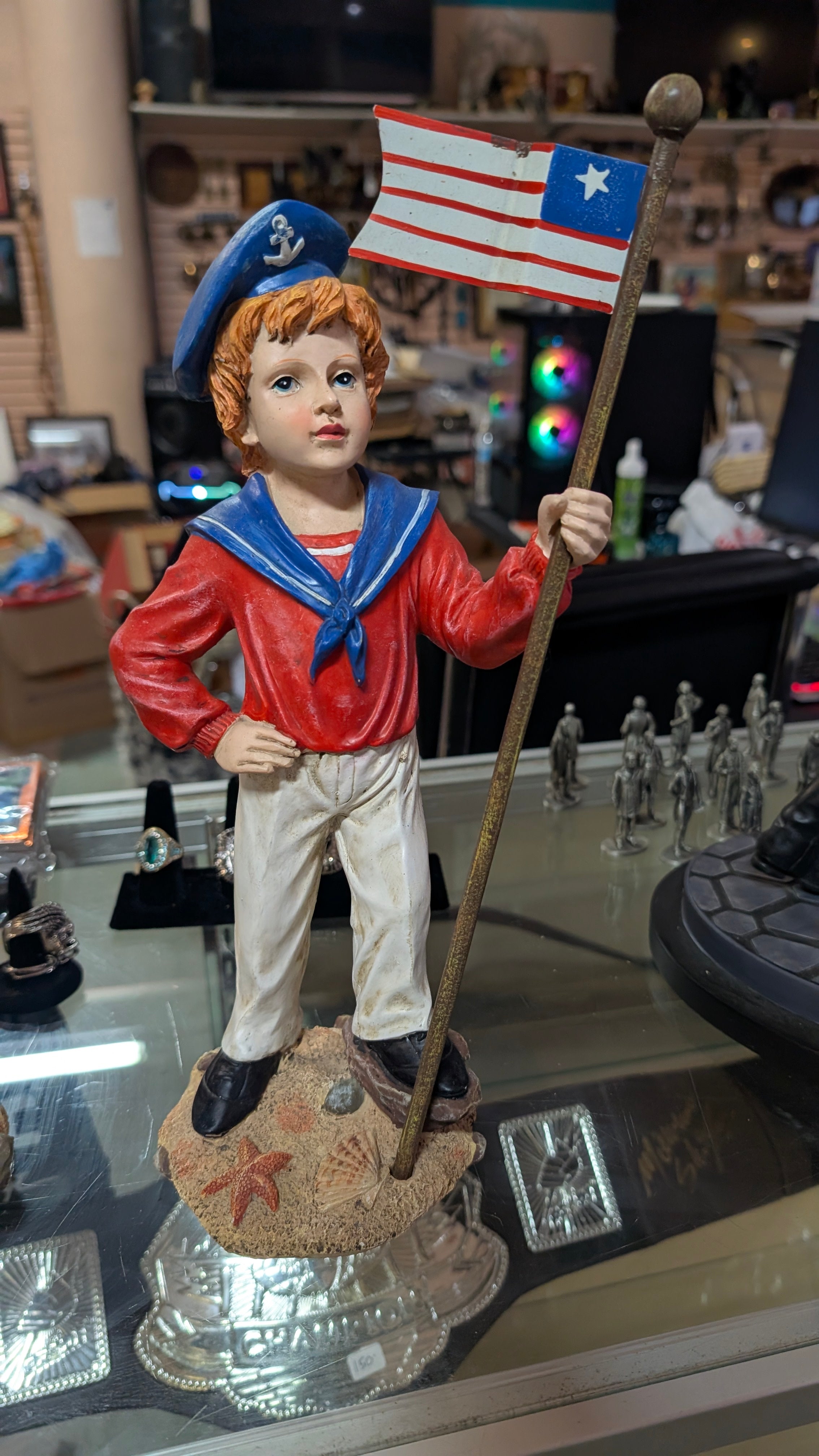Vintage Patriotic Sailor Boy Statue Holding American Flag Nautical Figurine