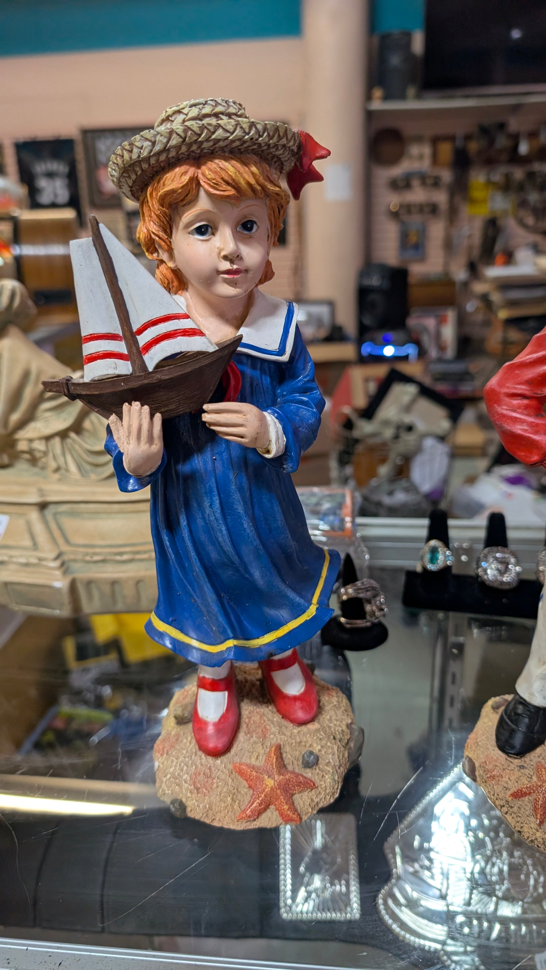 Vintage Nautical Girl Figurine Holding Sailboat Coastal Maritime Decor Statue