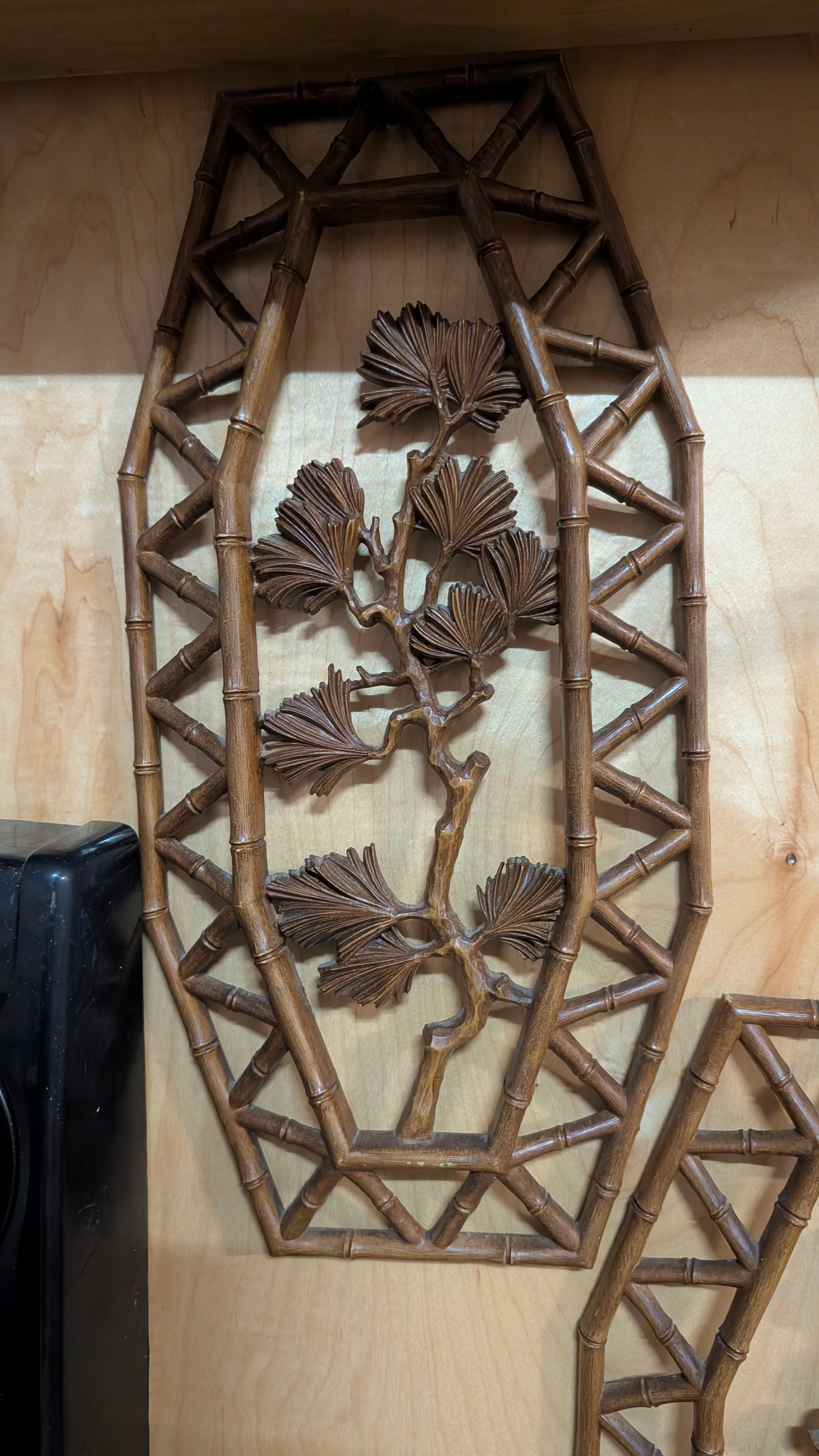 Vintage Bamboo Frame Wall Art With Carved Tree Branch Relief – Mid Century Asian Style