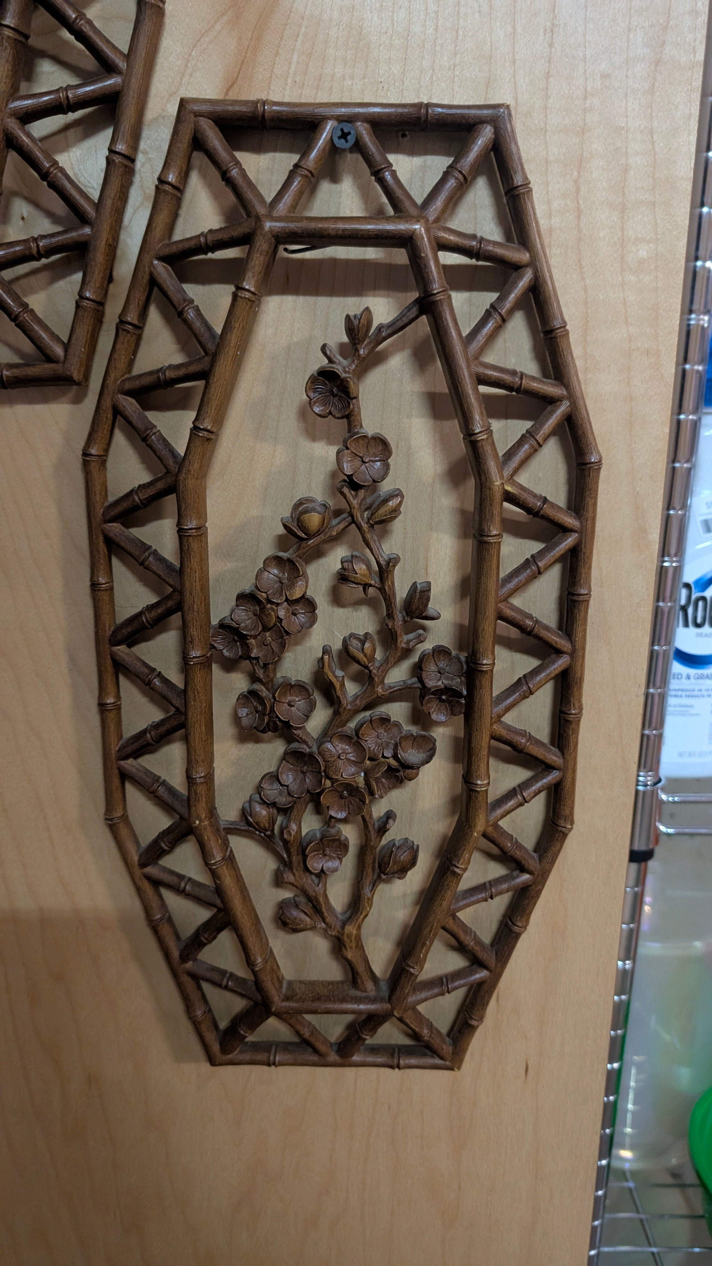 Vintage Bamboo Frame Wall Art With Carved Floral Branch – Asian / Chinoiserie Style