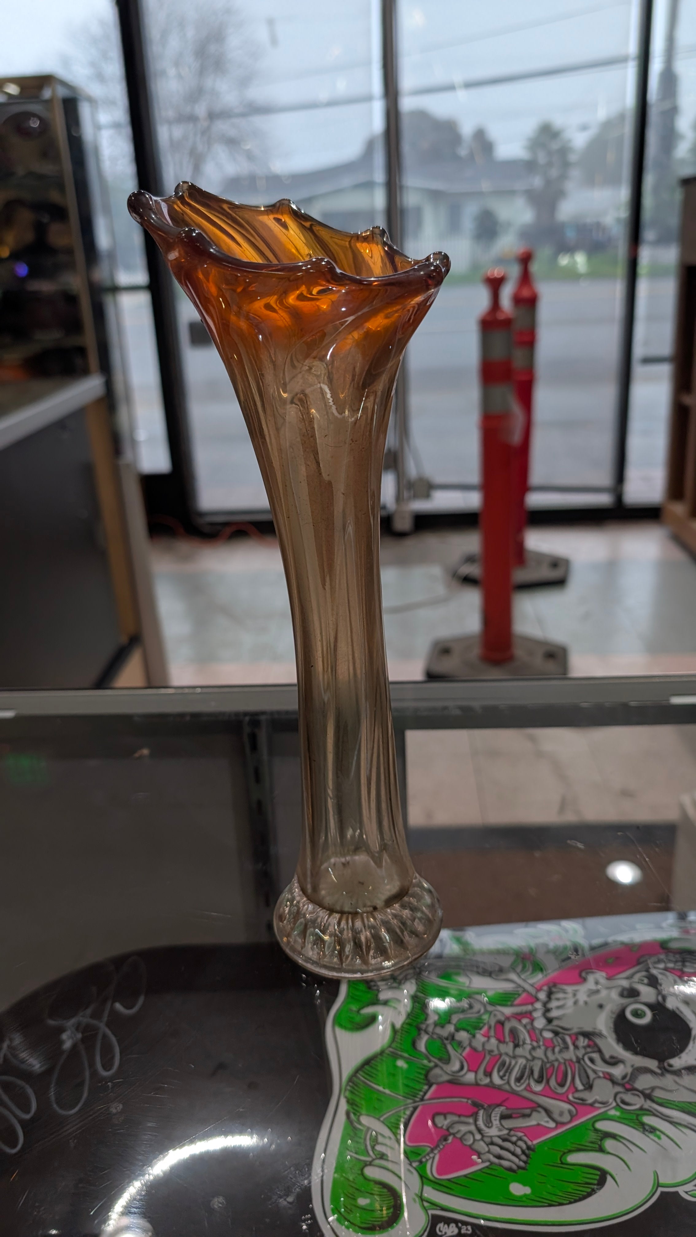 Vintage Amber Stretch Glass Trumpet Vase Tall Art Deco Decorative Display Piece