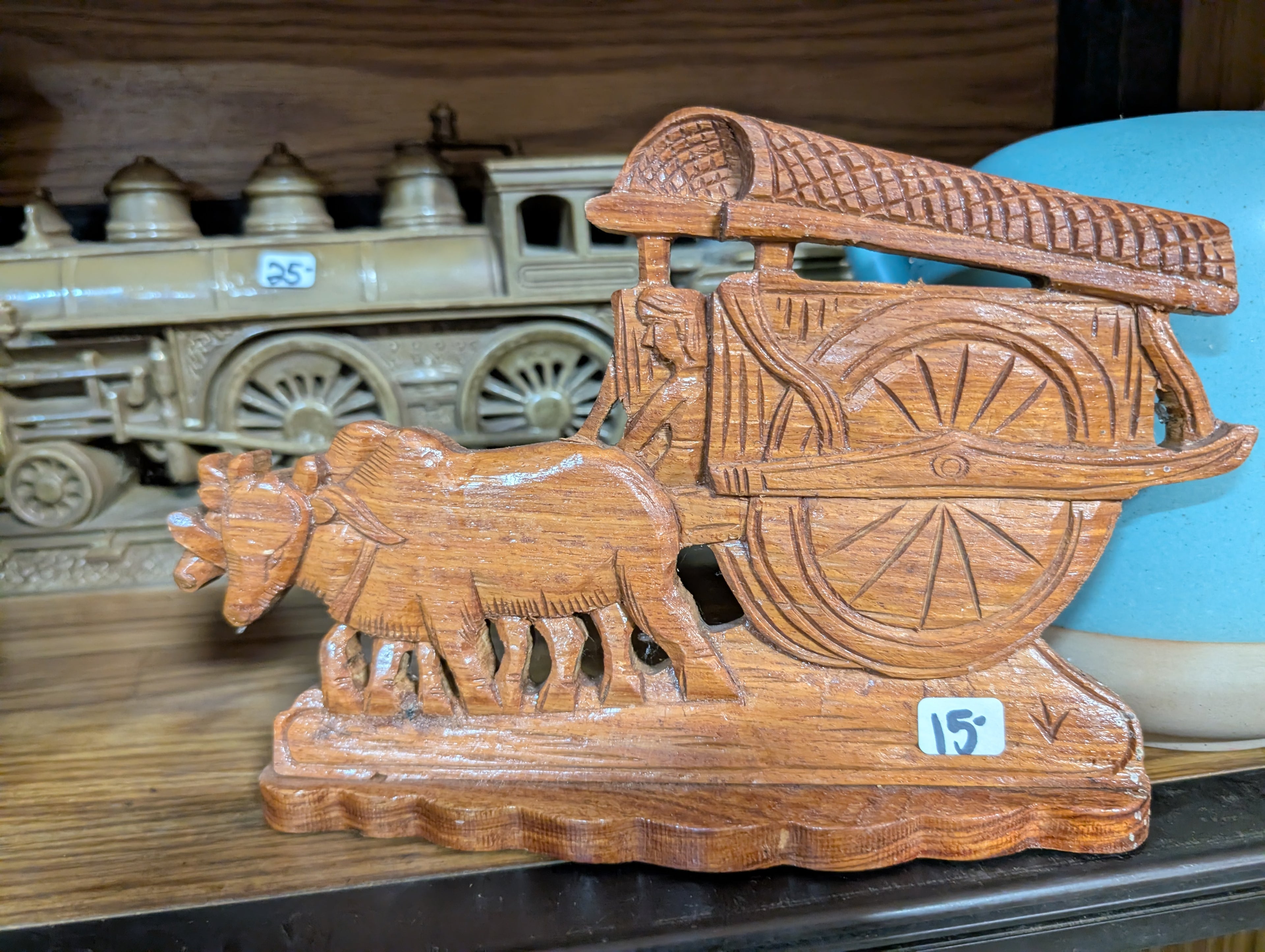 Vintage Hand Carved Wooden Ox Cart Figurine Folk Art Decorative Display Decor