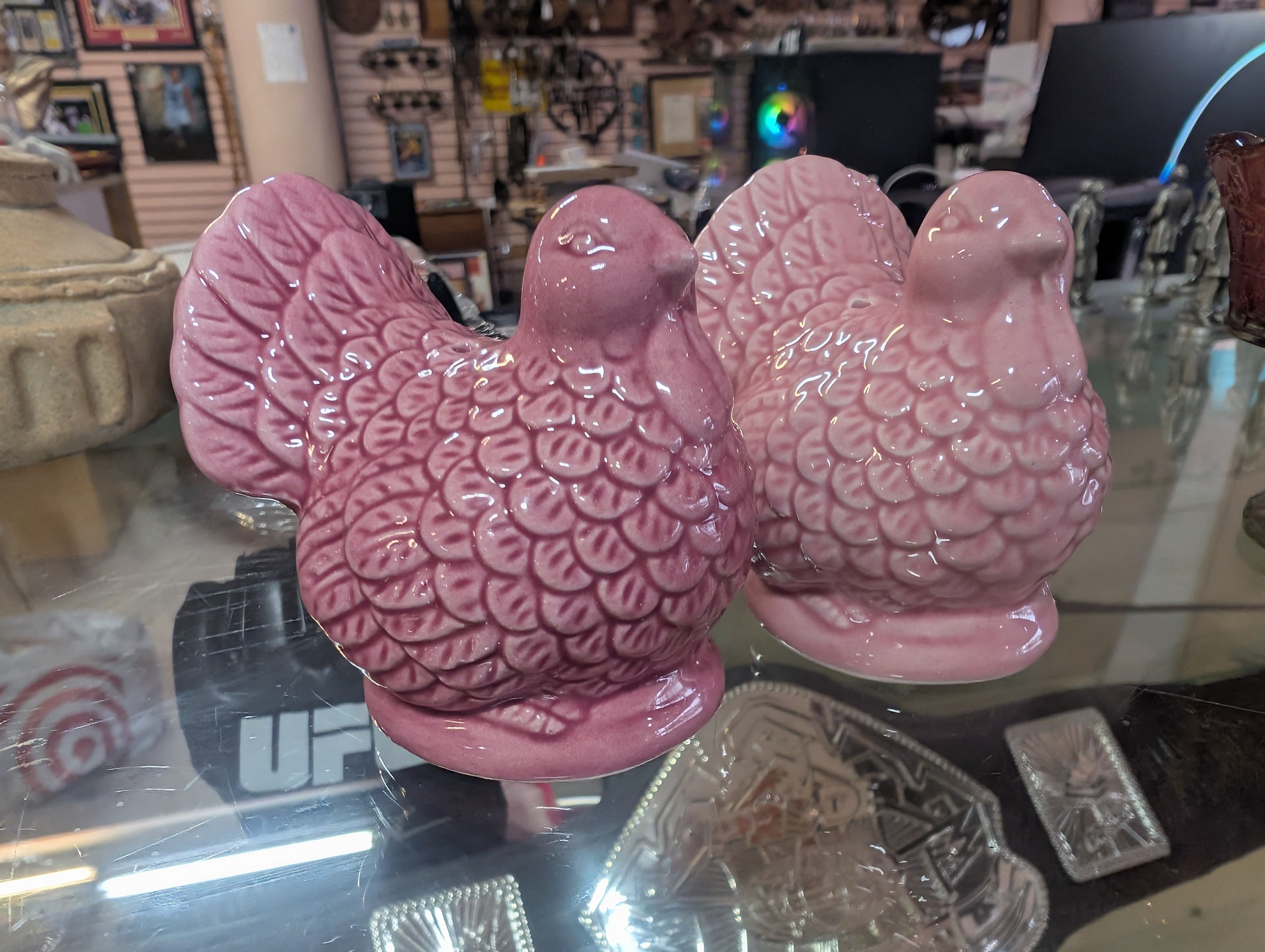 Vintage Pink Ceramic Turkey Figurine Pair Decorative Thanksgiving Display
