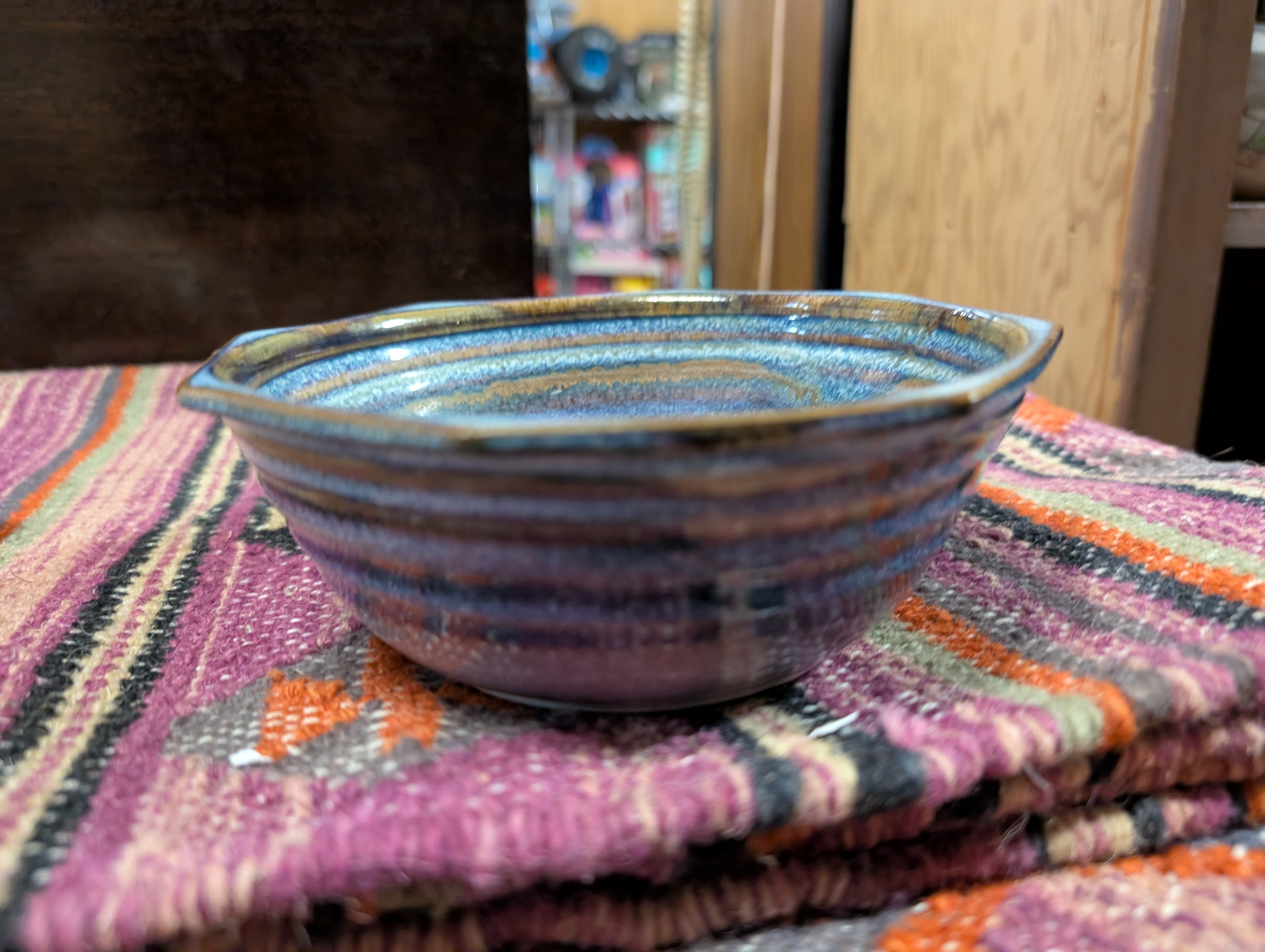 Handmade Blue Glazed Ceramic Bowl Leaf Motif Studio Pottery Art Dish Decor Set