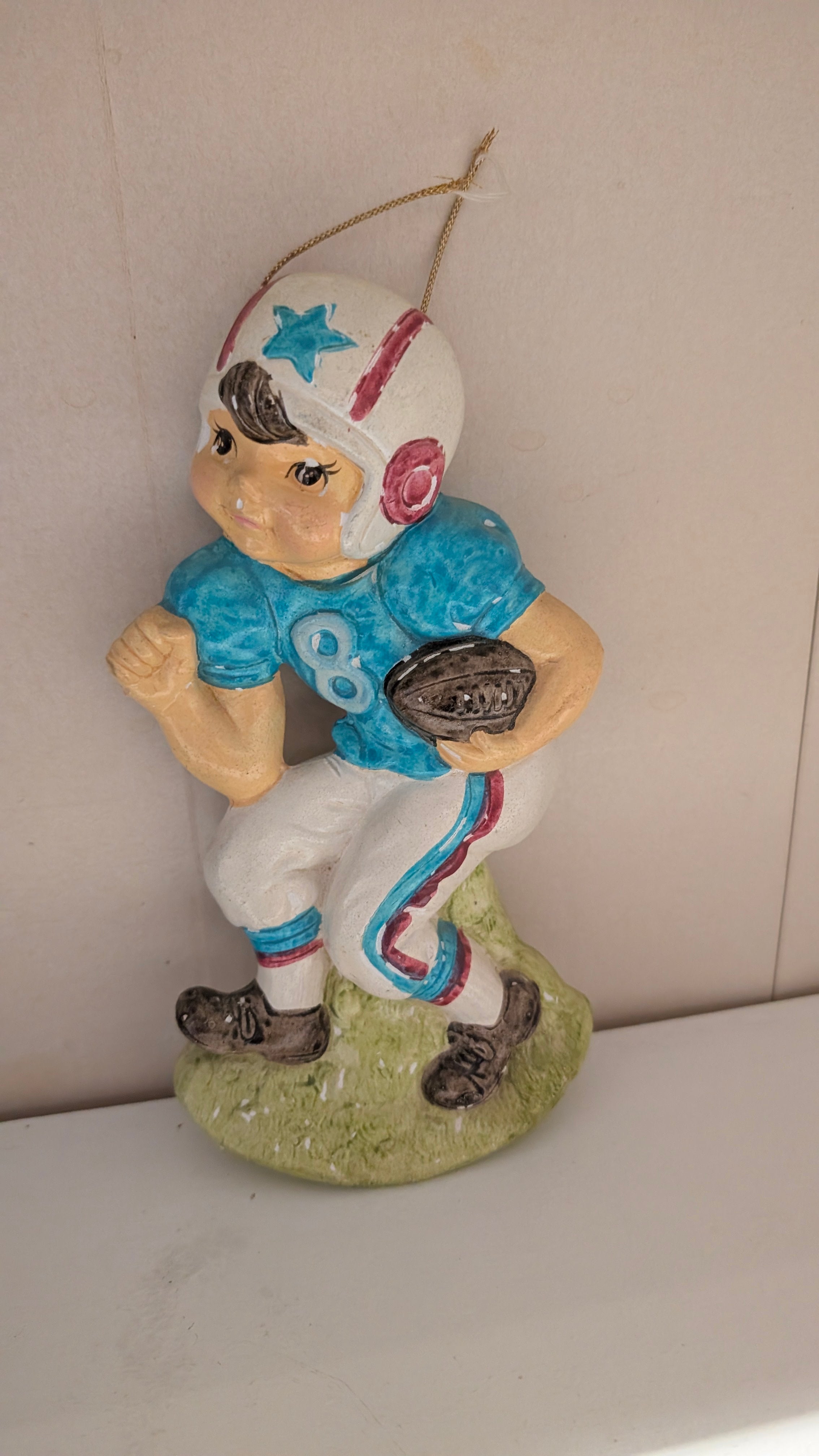 Vintage Football Player Figurine Ornament Blue Uniform Number 8 Hanging Decor