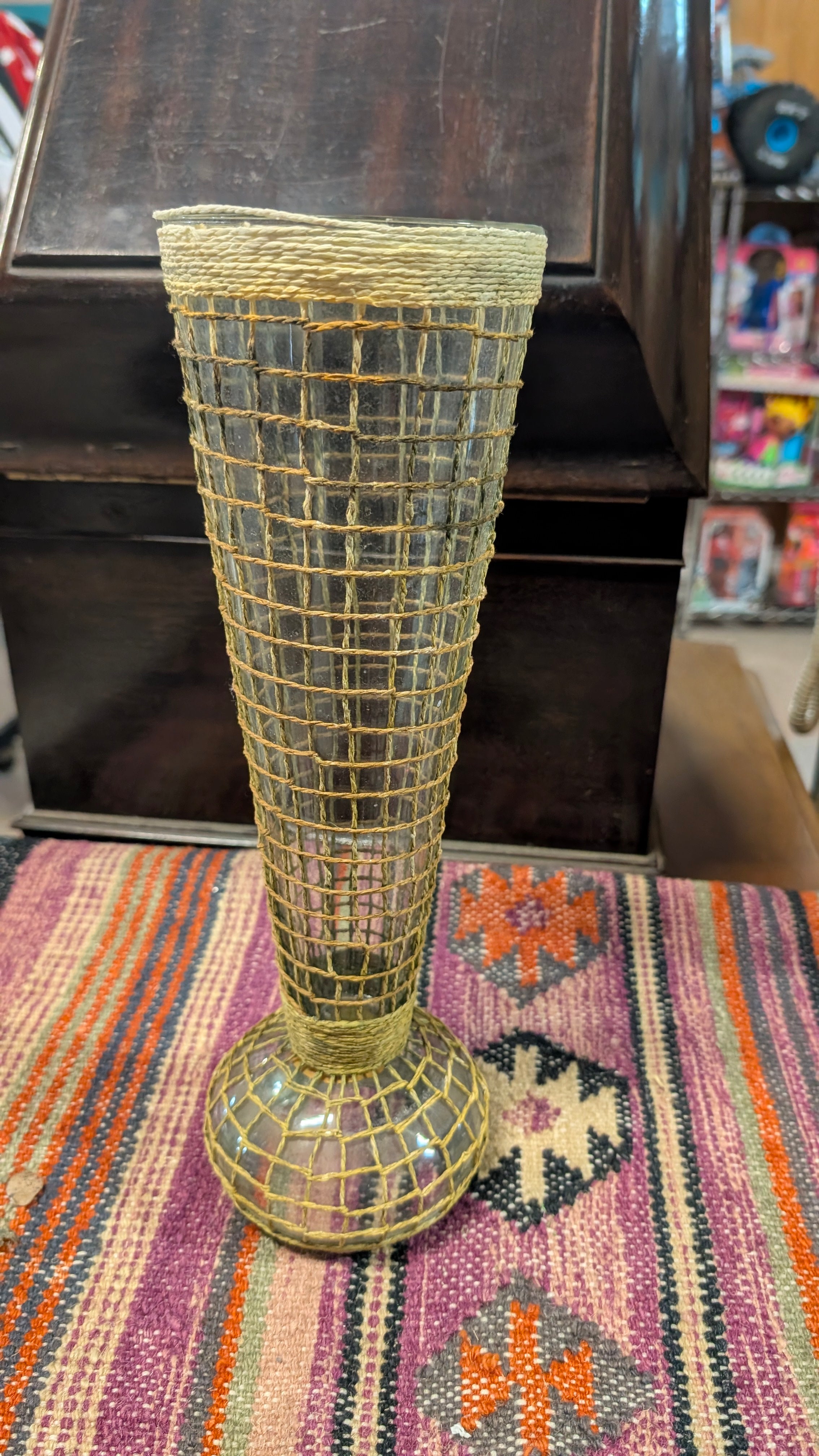 Vintage Tall Handwoven Rattan Wrapped Glass Floor Vase Boho Home Decor Accent