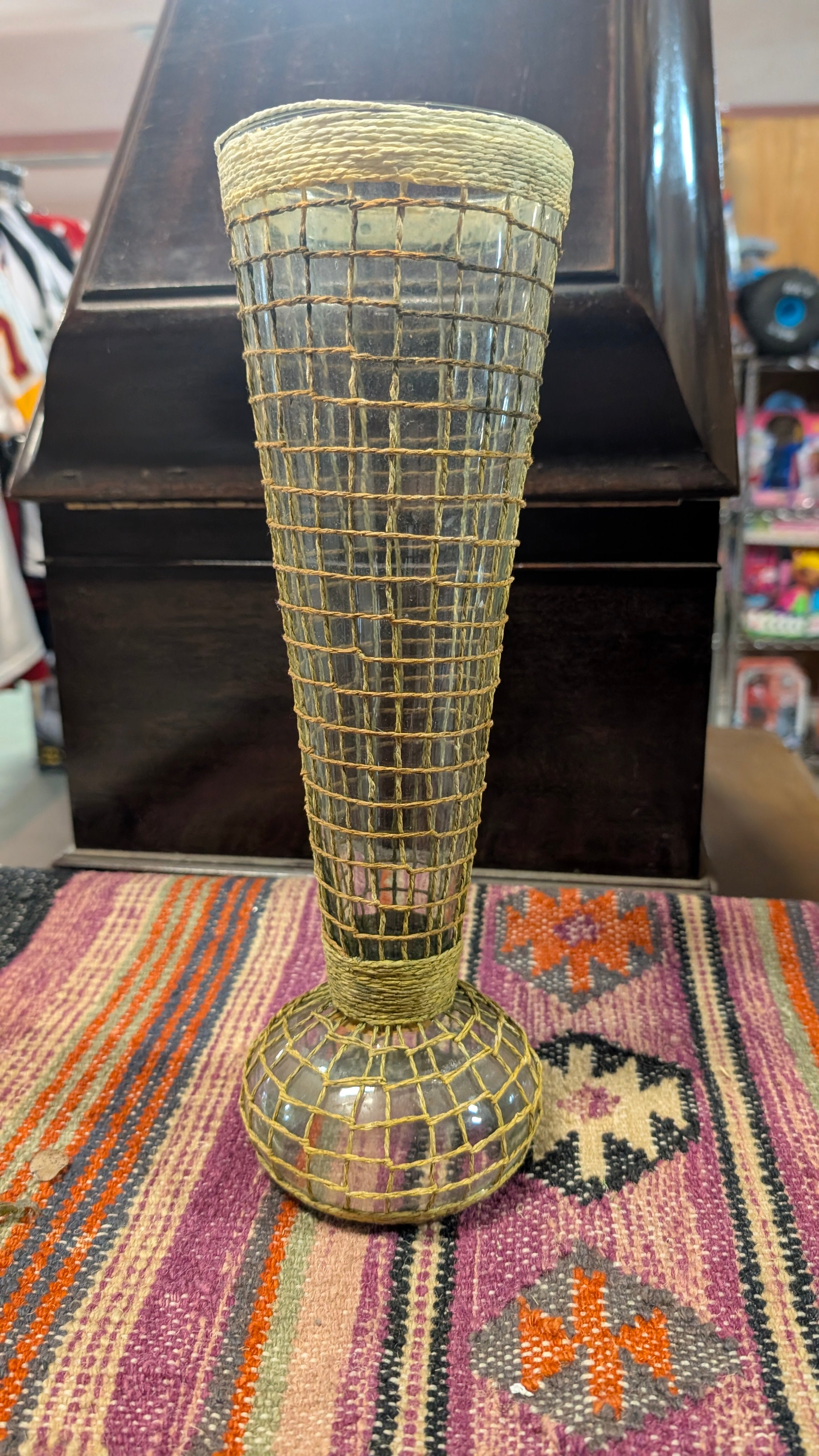 Vintage Tall Handwoven Rattan Wrapped Glass Floor Vase Boho Home Decor Accent