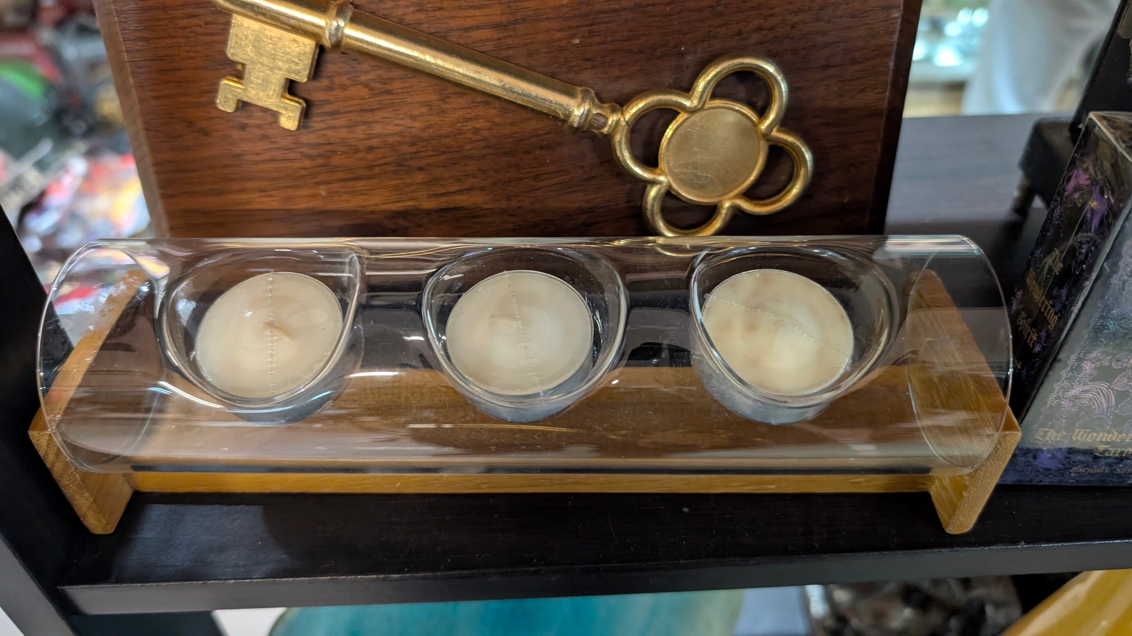 Triple Glass Tealight Candle Holder Wood Base Modern Home Decor Display Piece