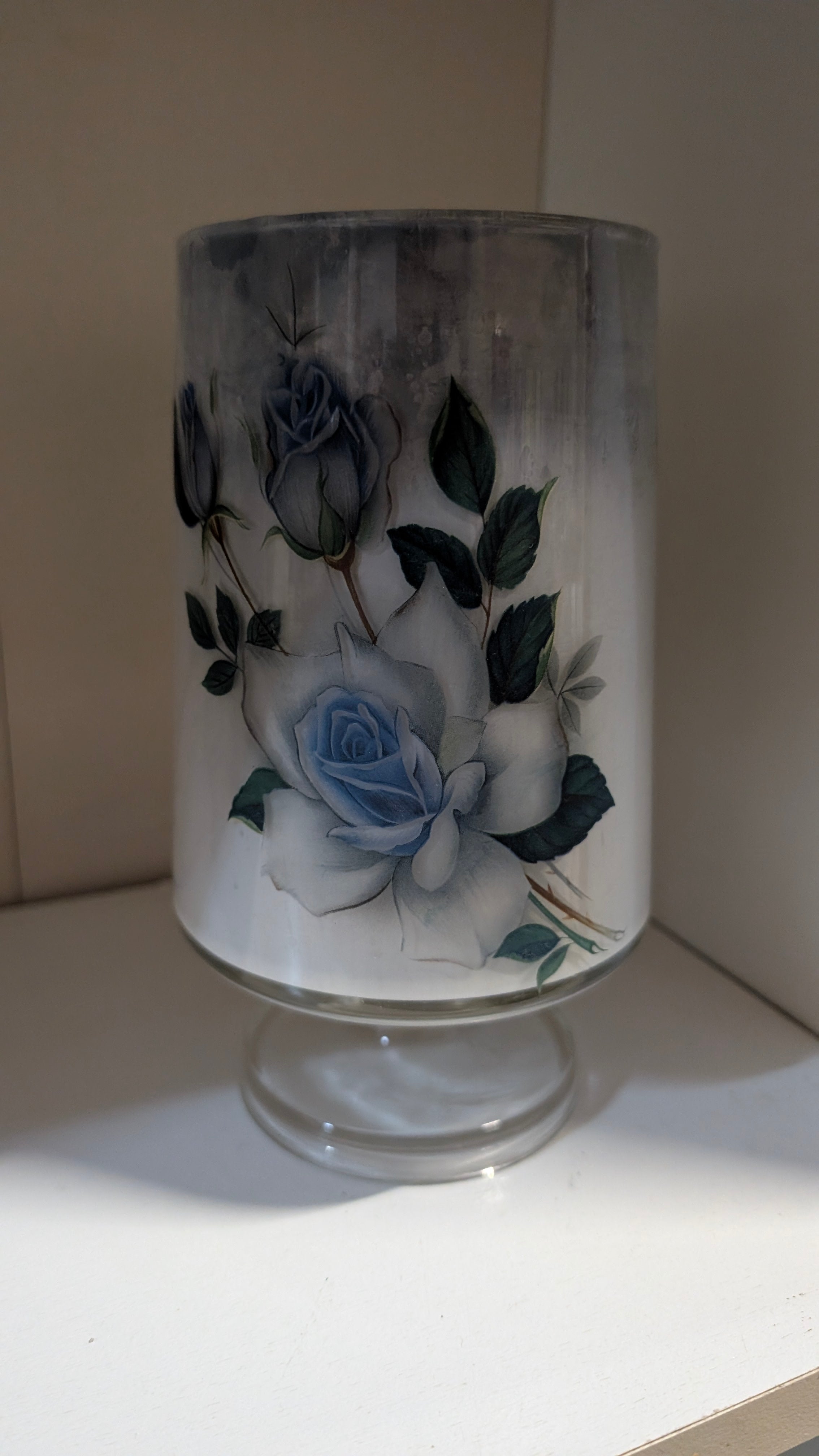 Vintage Hand Painted Blue Rose Glass Hurricane Candle Holder Floral Decor Home