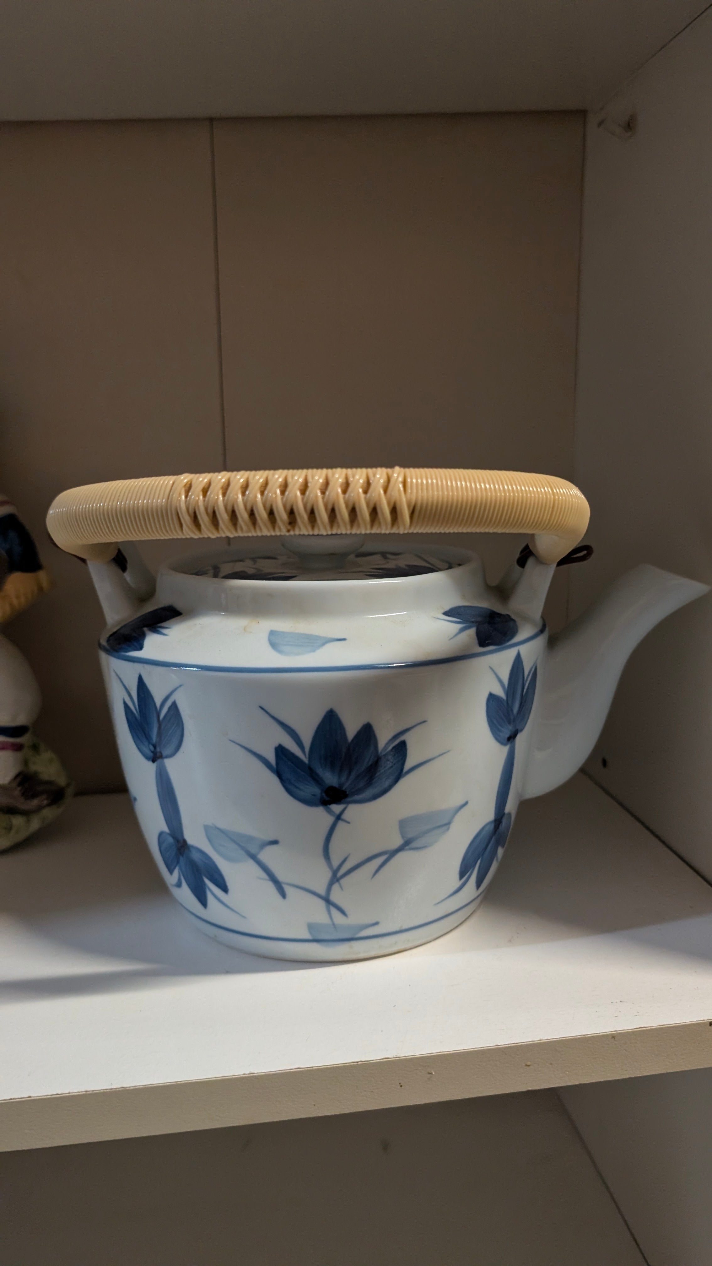 Vintage Blue White Floral Ceramic Teapot Woven Handle Asian Style Decor Home