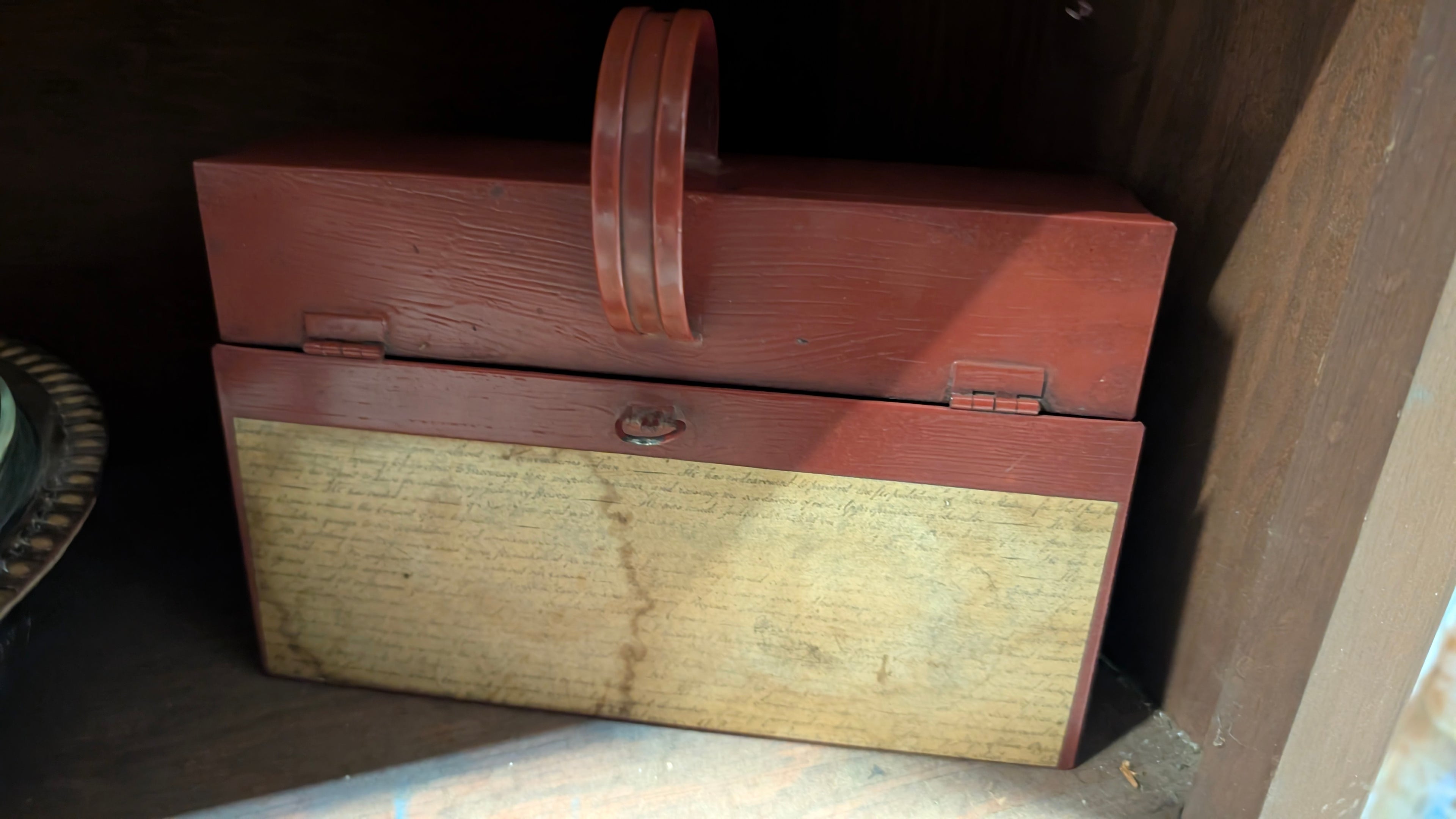 Metal Decorative Storage Box With Handle Script Panel Rustic Home Decor Accent