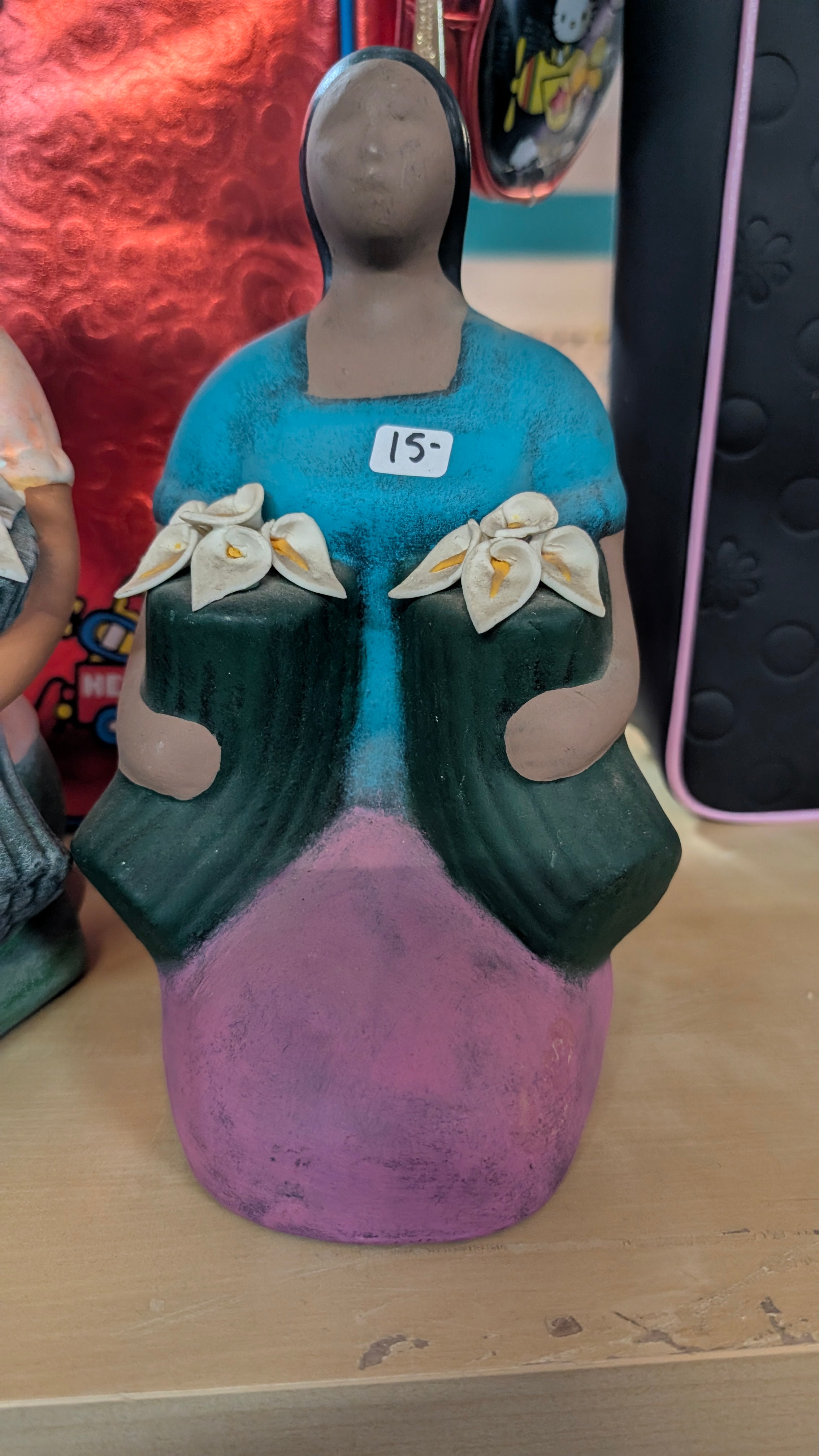 Vintage Folk Art Woman With Flowers Figurine Hand Painted Decorative Sculpture