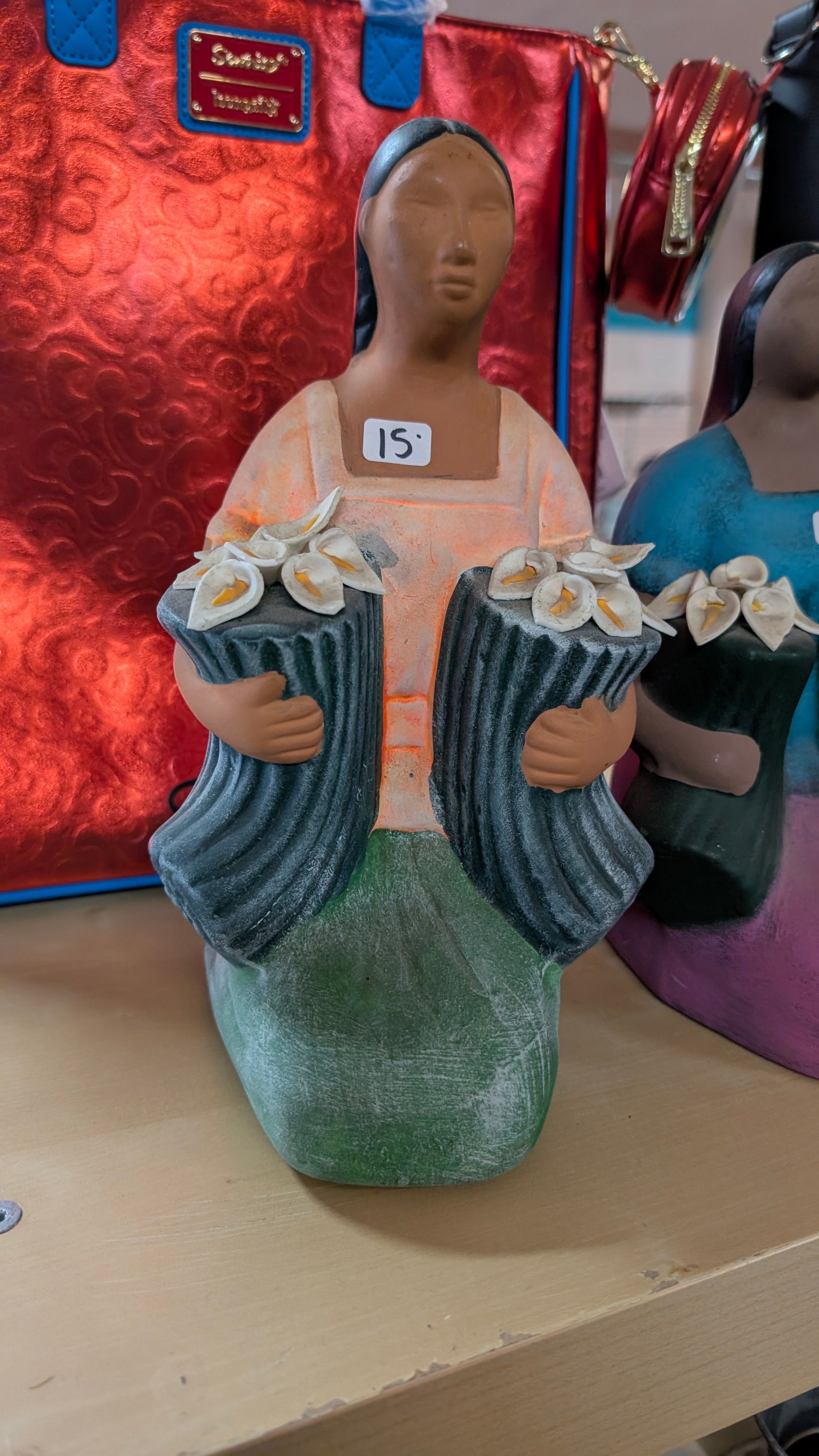 Vintage Folk Art Woman Holding Flowers Figurine Hand Painted Decorative Sculpture