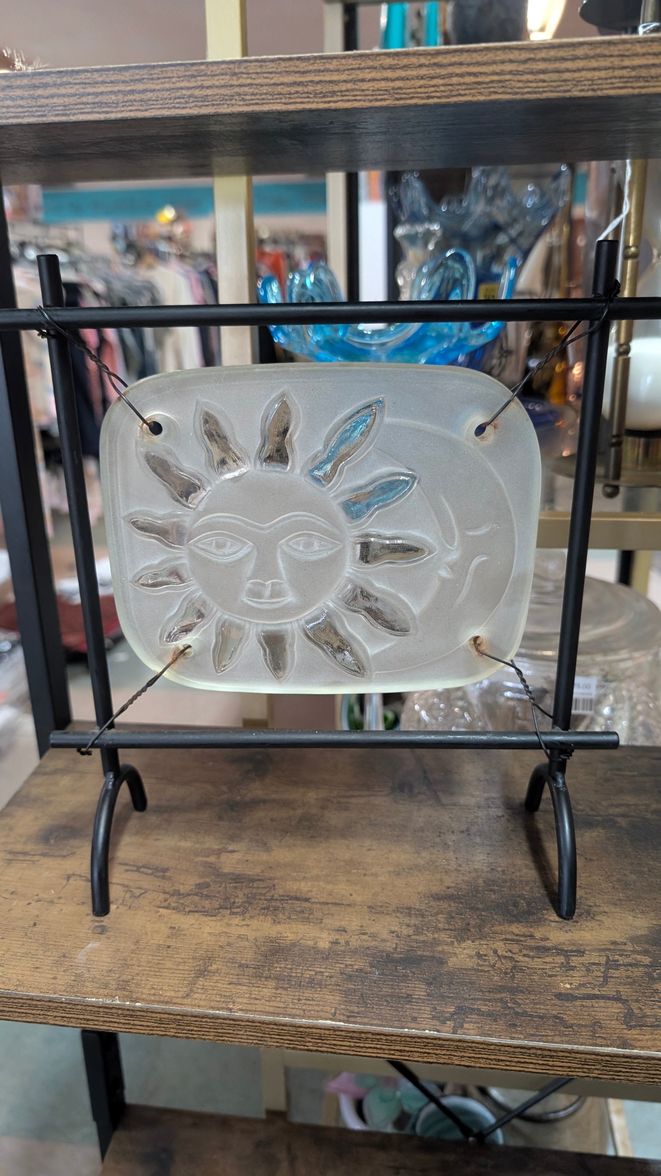 Vintage Frosted Glass Sun Moon Hanging Panel Celestial Art Decor Display Piece