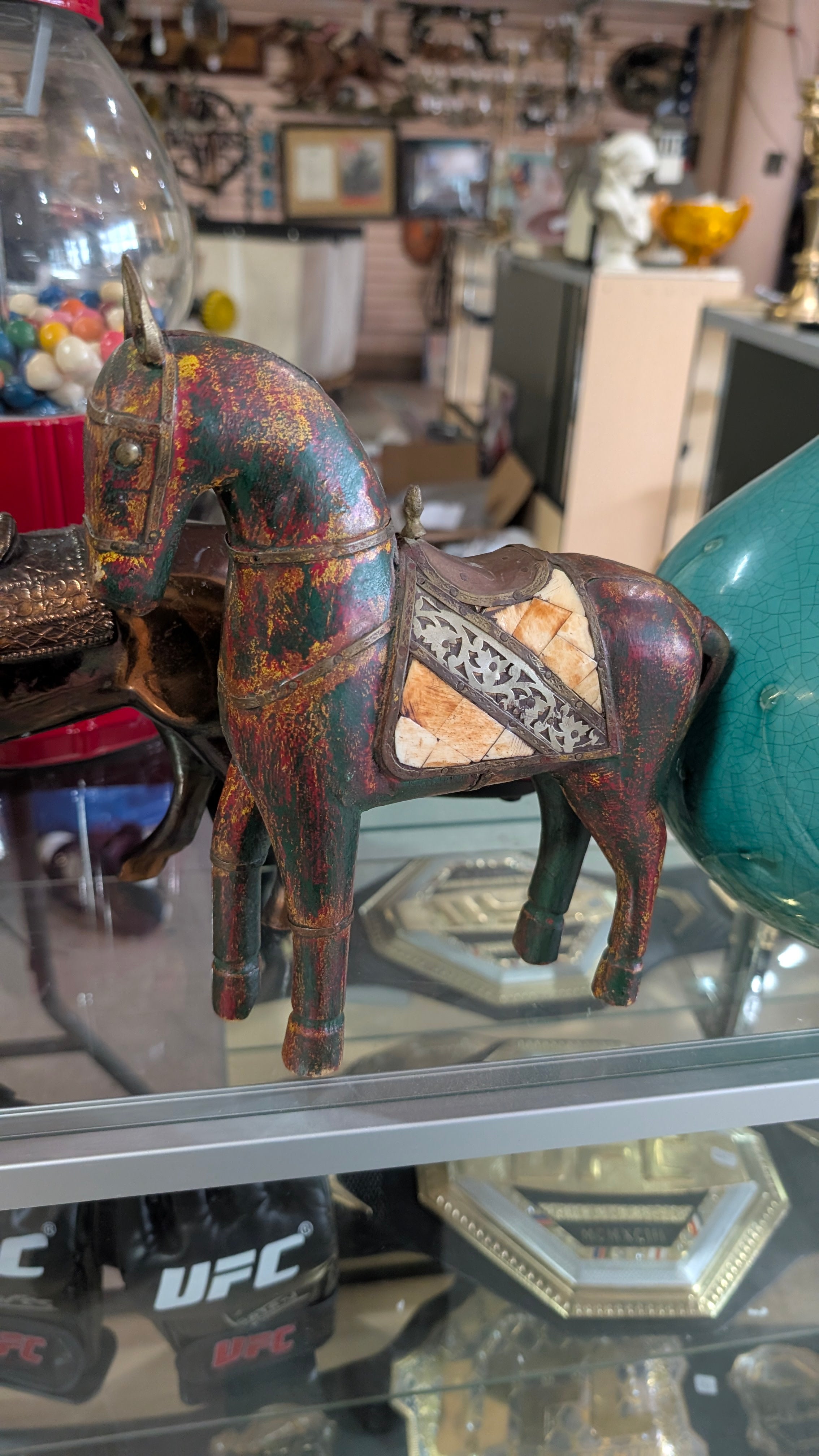 Decorative Metal Horse Figurine Rustic Folk Art Inlaid Saddle Collectible Decor