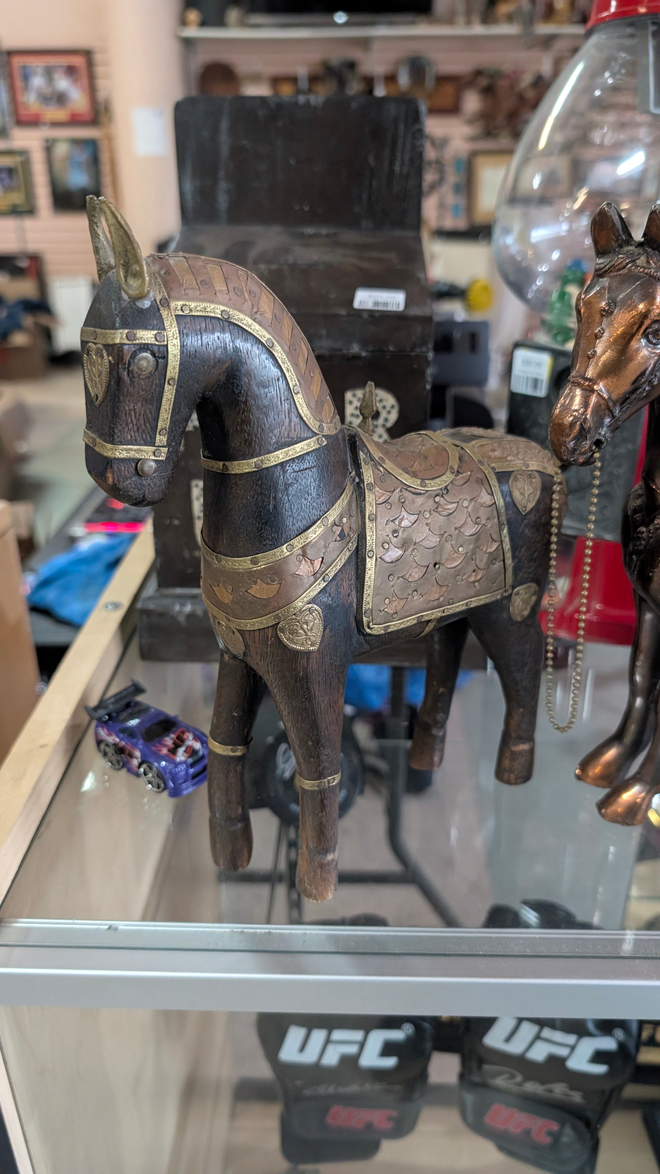 Decorative Wooden Horse Figurine With Brass Armor Inlay Rustic Folk Art Decor