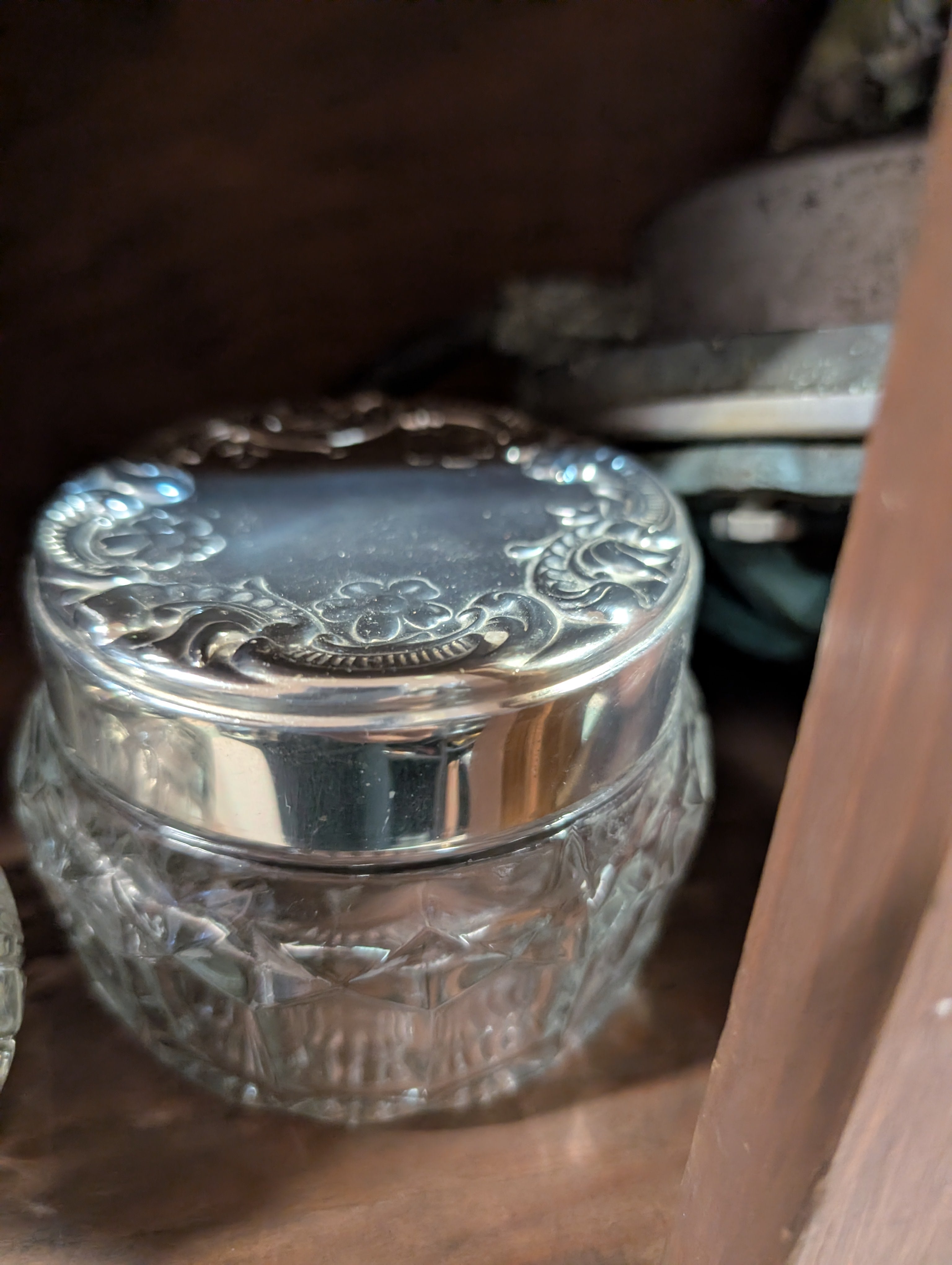 Vintage Silverplate Floral Lid Cut Glass Vanity Dresser Jar