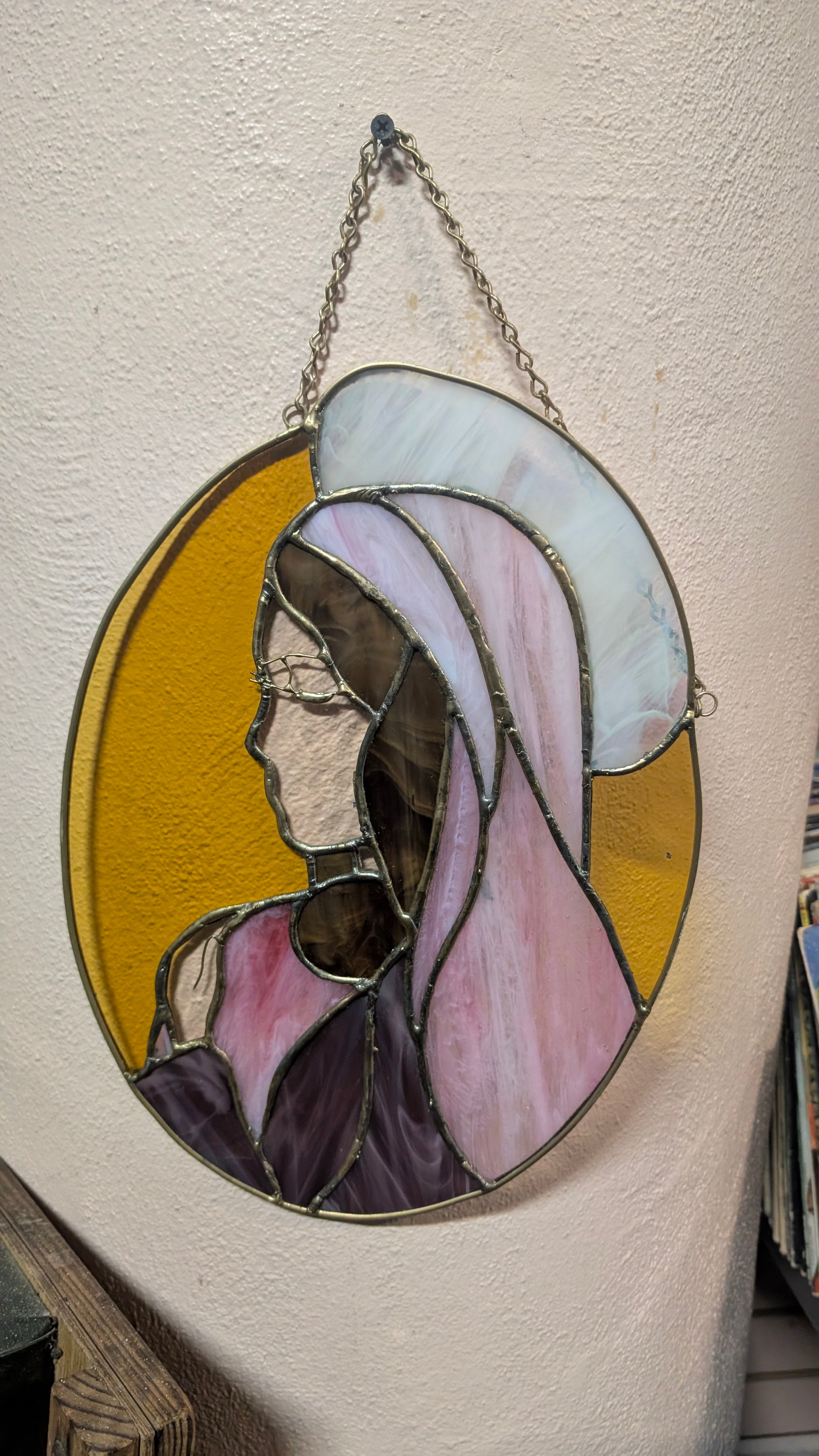 Vintage Stained Glass Madonna Wall Hanging Oval Religious Art Decor Display Piece